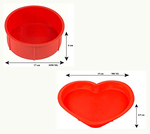 HAZEL Small Silicon Round and Heart Shape Cake Mould for Half Kg, 2 Pcs, Red