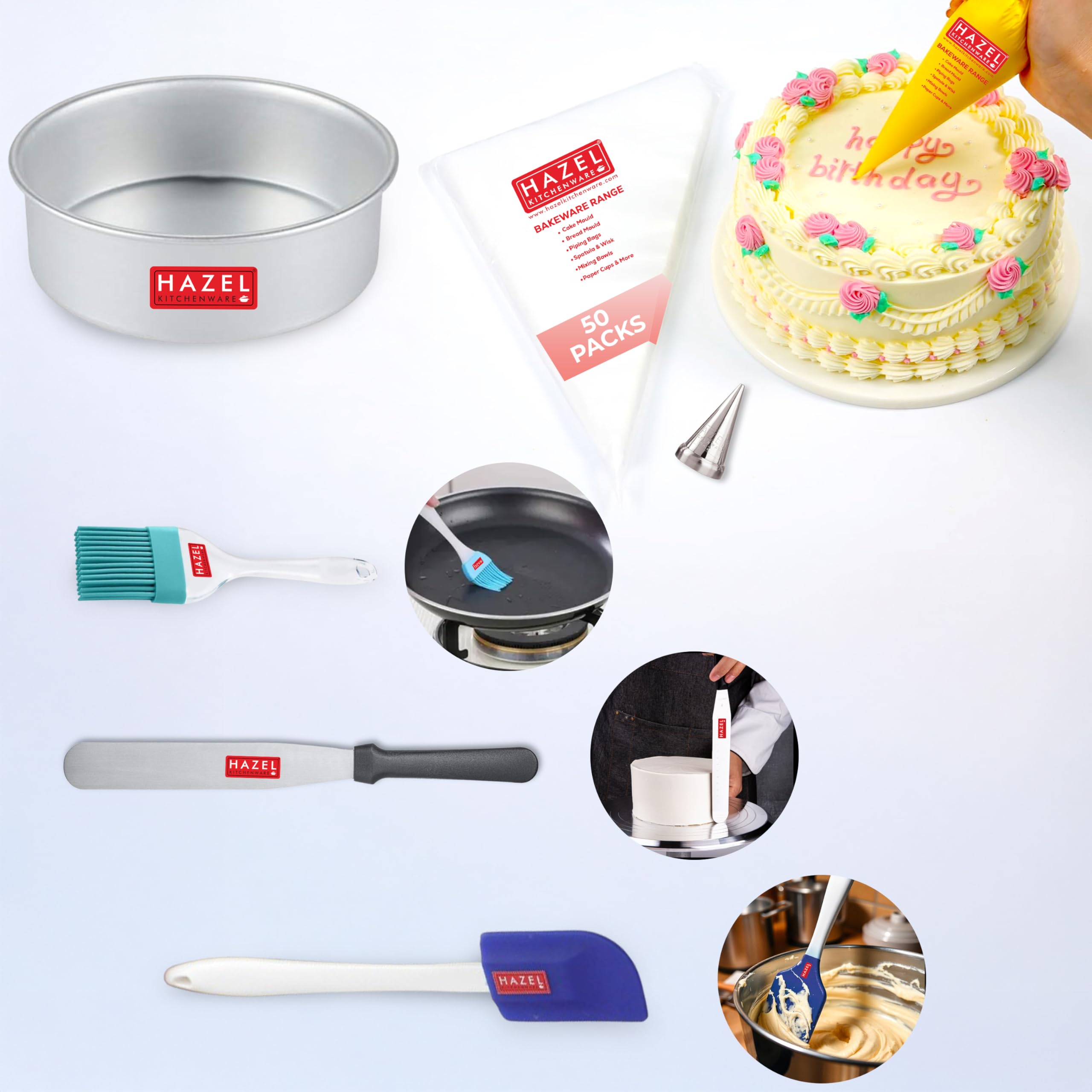 HAZEL 6-Piece DIY Bakeware Combo Set (Cake Mould, 50 Piping Bags, Nozzle, Statula, Silicon Brush, Pallet Knife)