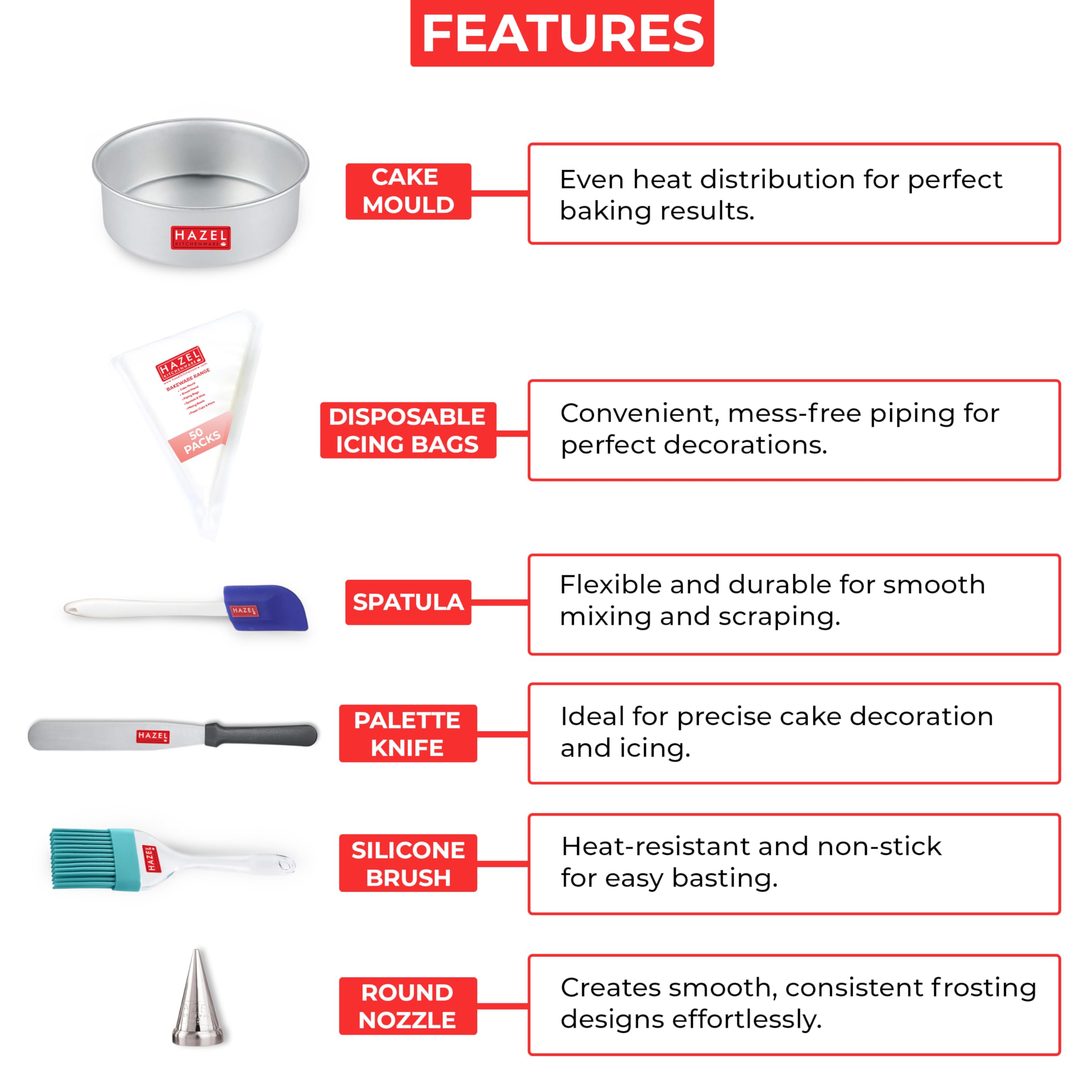 HAZEL 6-Piece DIY Bakeware Combo Set (Cake Mould, 50 Piping Bags, Nozzle, Statula, Silicon Brush, Pallet Knife)