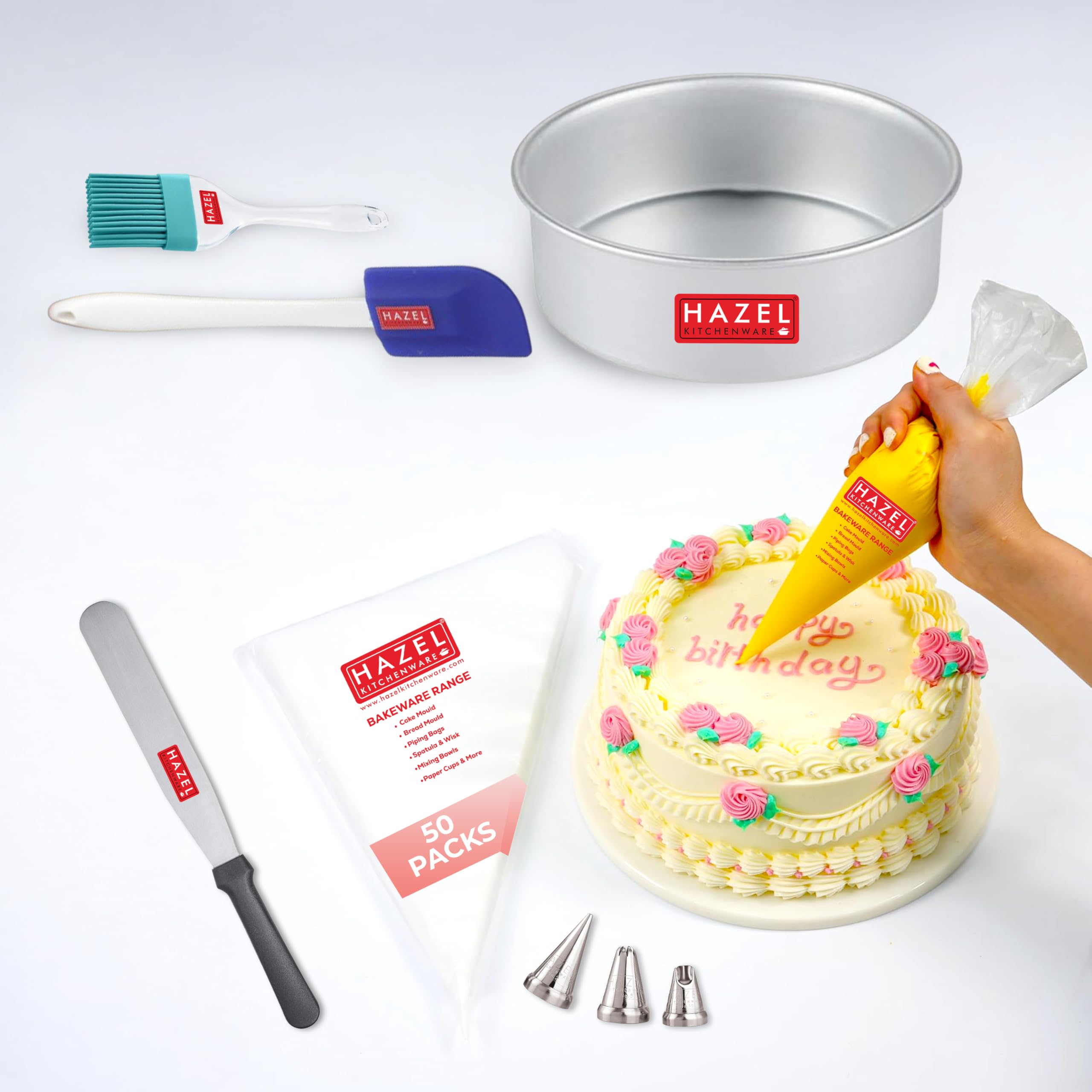HAZEL 6-Piece DIY Bakeware Combo Set (Cake Mould, 50 Piping Bags, Nozzle, Statula, Silicon Brush, Pallet Knife)