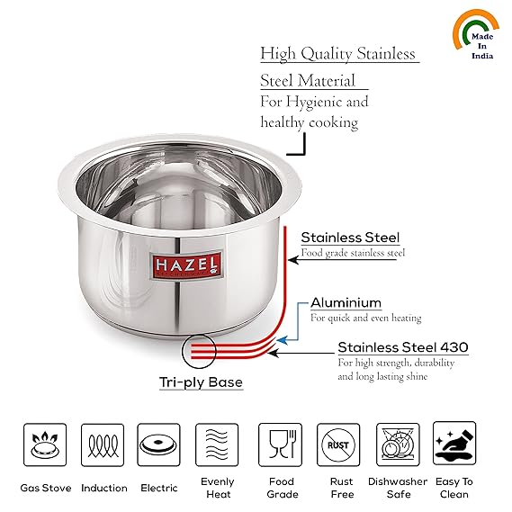 HAZEL Induction Base Tope Stainless Steel Heavy Base Thick Flat Bottom Patila Cookware With Steel Lids Cover Utensil For Kitchen ( 6 Topes & 6 Lids), 12 Pieces