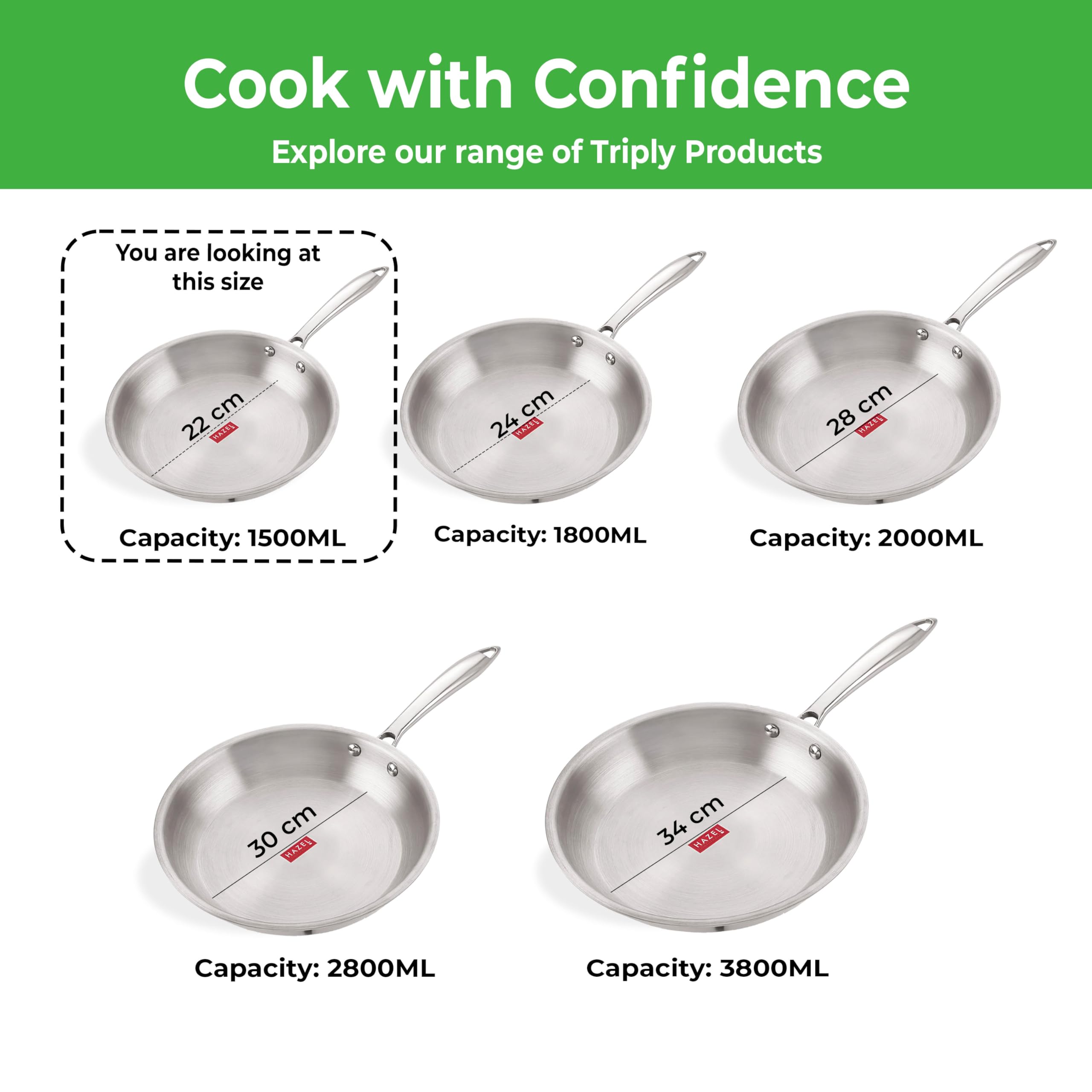 HAZEL Triply Stainless Steel Induction Bottom Fry Pan, 1.5 Litre, 22 cm