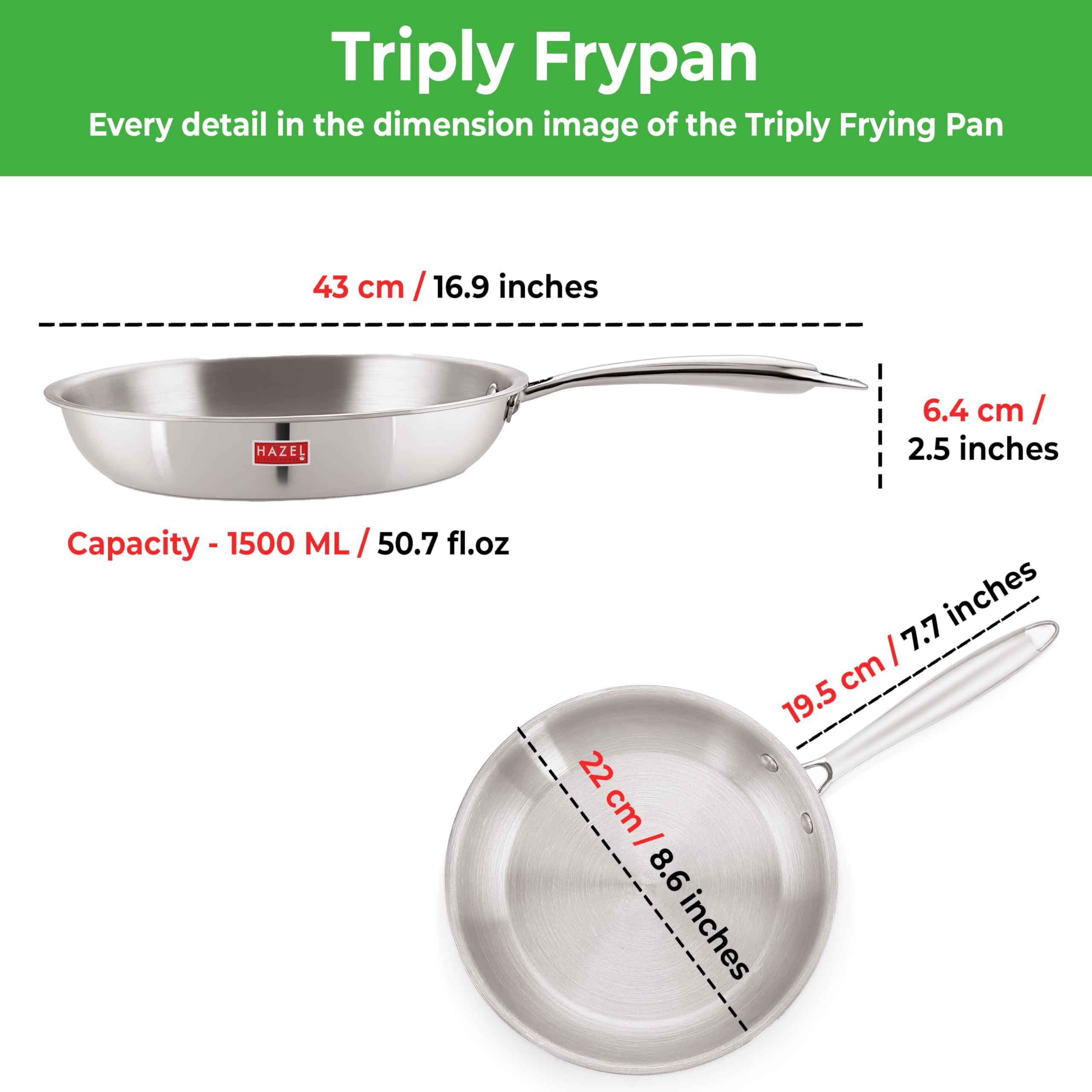 HAZEL Triply Stainless Steel Induction Bottom Fry Pan, 1.5 Litre, 22 cm