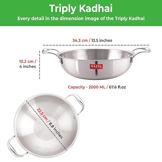 HAZEL Triply Stainless Steel Induction Bottom Kadhai With Stainless Steel Lid, 2 Litre, 22.5 cm
