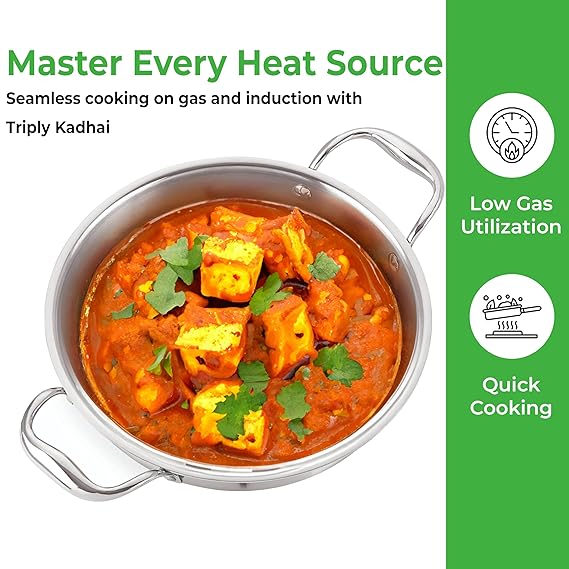 HAZEL Triply Stainless Steel Induction Bottom Kadhai With Stainless Steel Lid, 2 Litre, 22.5 cm