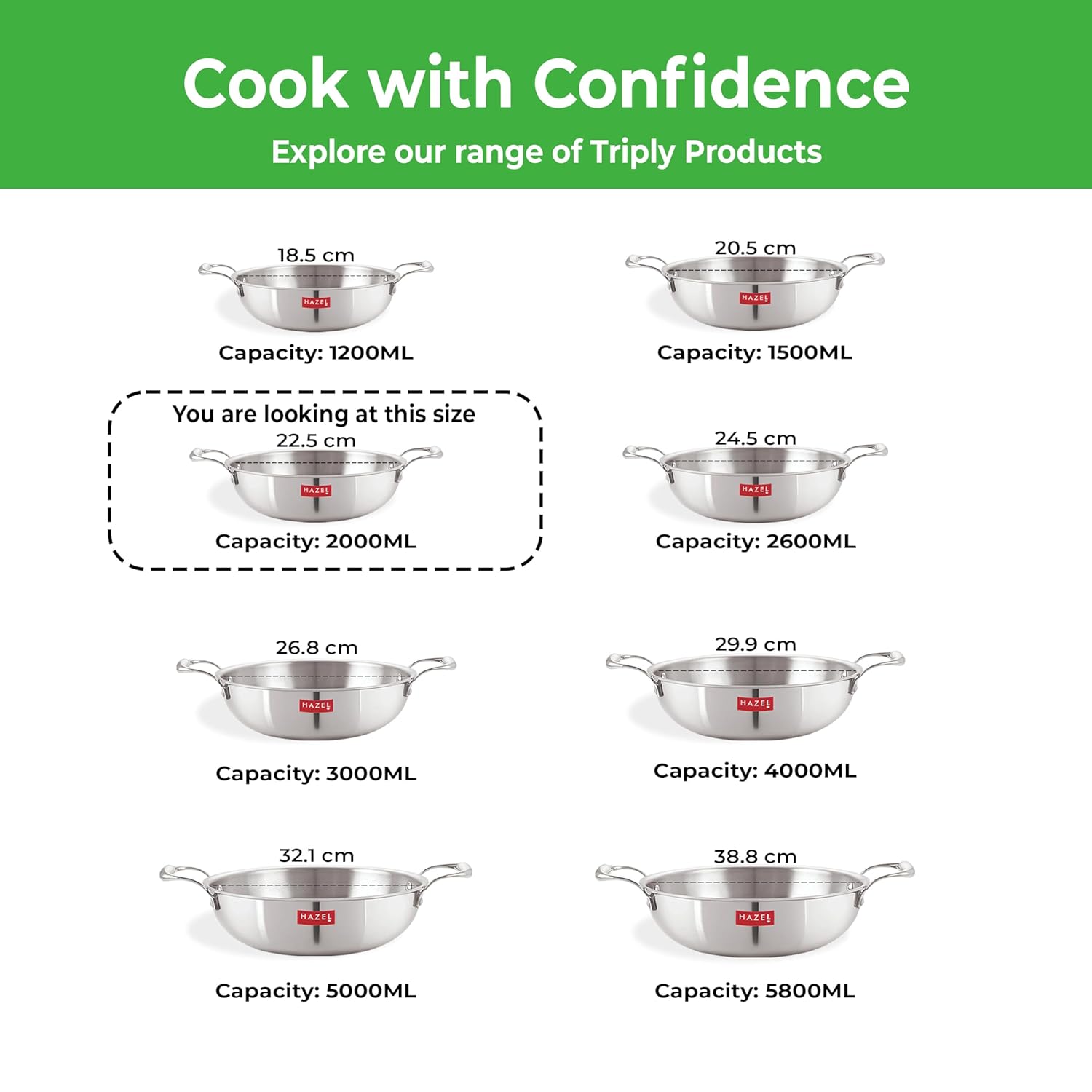 HAZEL Triply Stainless Steel Induction Bottom Kadhai With Stainless Steel Lid, 2 Litre, 22.5 cm