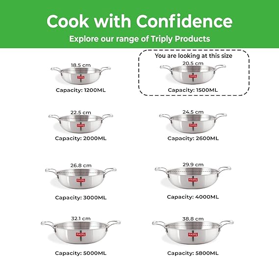 HAZEL Triply Stainless Steel Induction Bottom Kadhai With Stainless Steel Lid, 1.5 Litre, 20.5 cm