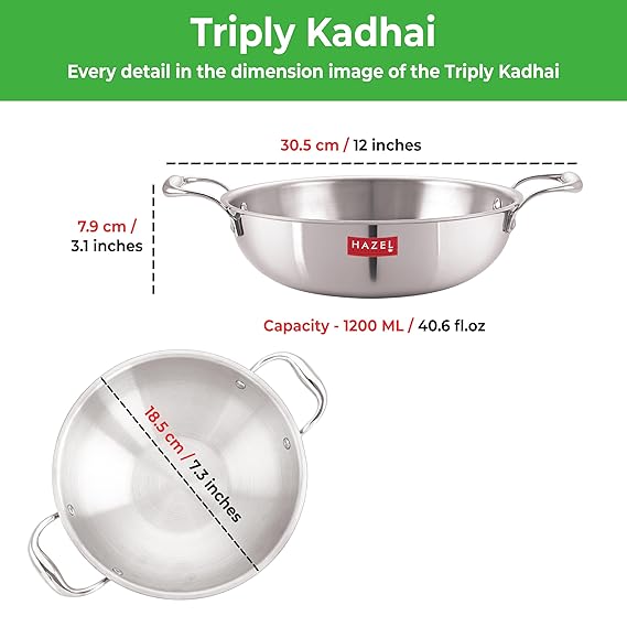 HAZEL Triply Stainless Steel Induction Bottom Kadhai With Stainless Steel Lid, 1.2 Litre, 18.5 cm