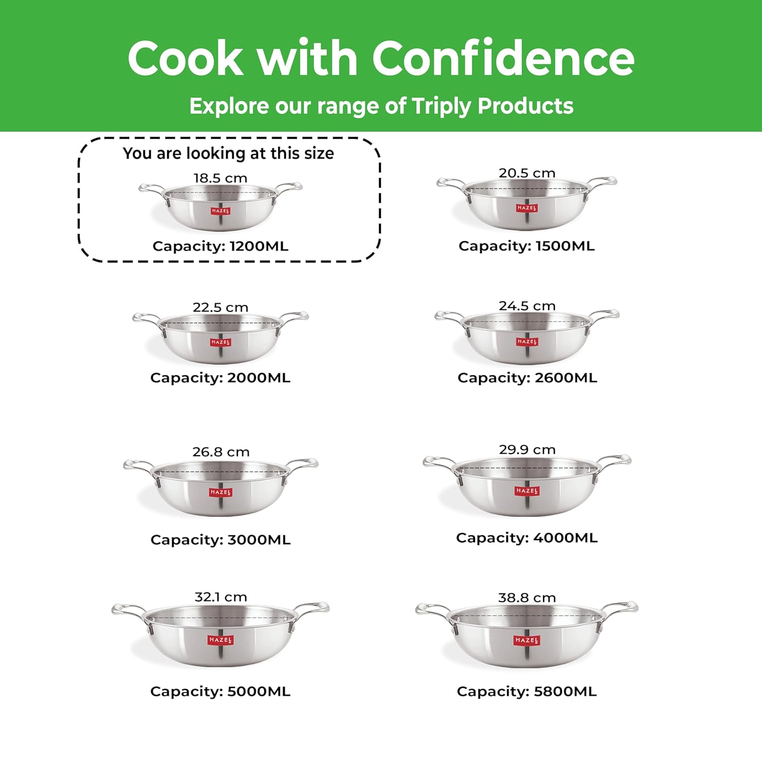 HAZEL Triply Stainless Steel Induction Bottom Kadhai With Stainless Steel Lid, 1.2 Litre, 18.5 cm