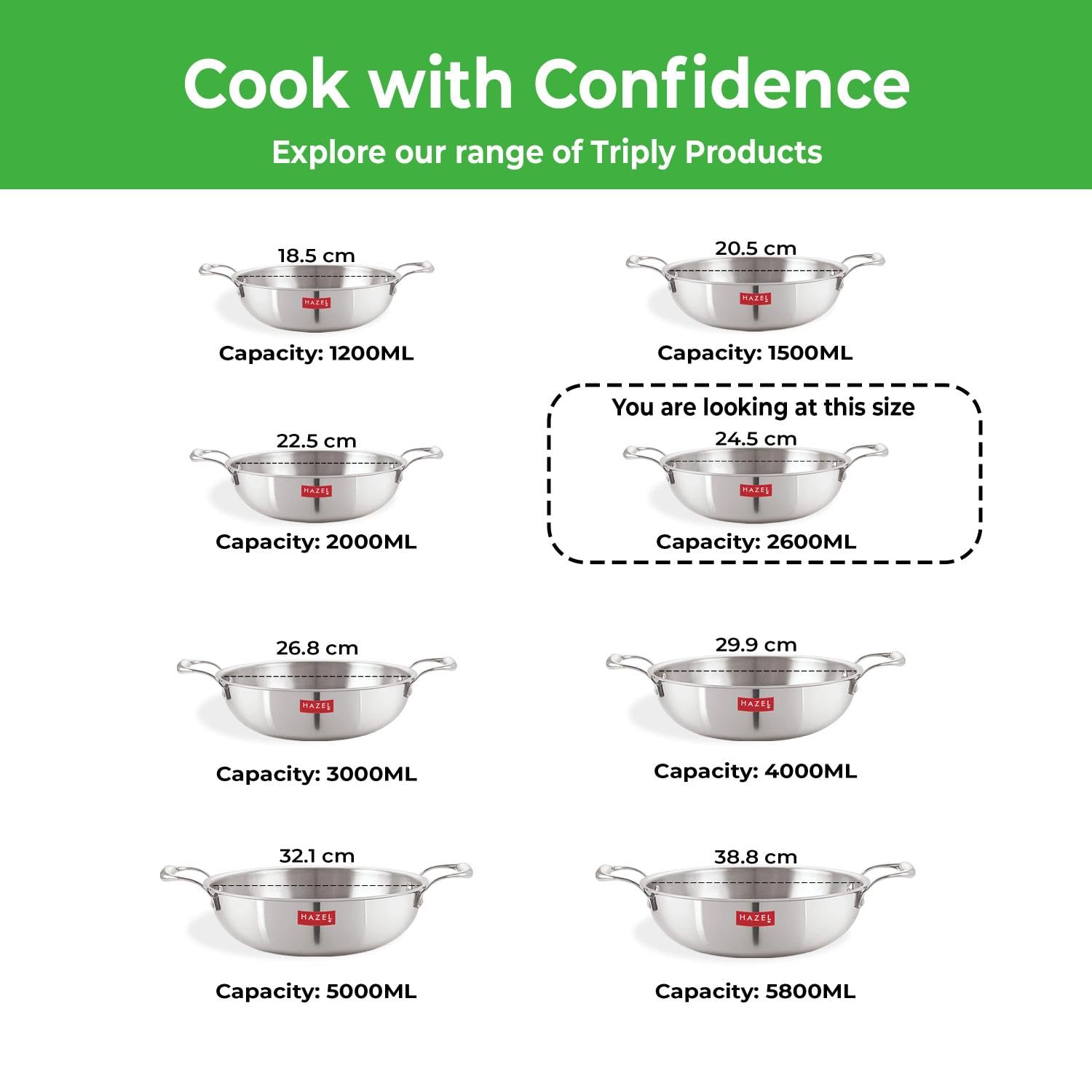 HAZEL Triply Stainless Steel Induction Bottom Kadhai With Stainless Steel Lid, 2.6 Litre, 24.5 cm