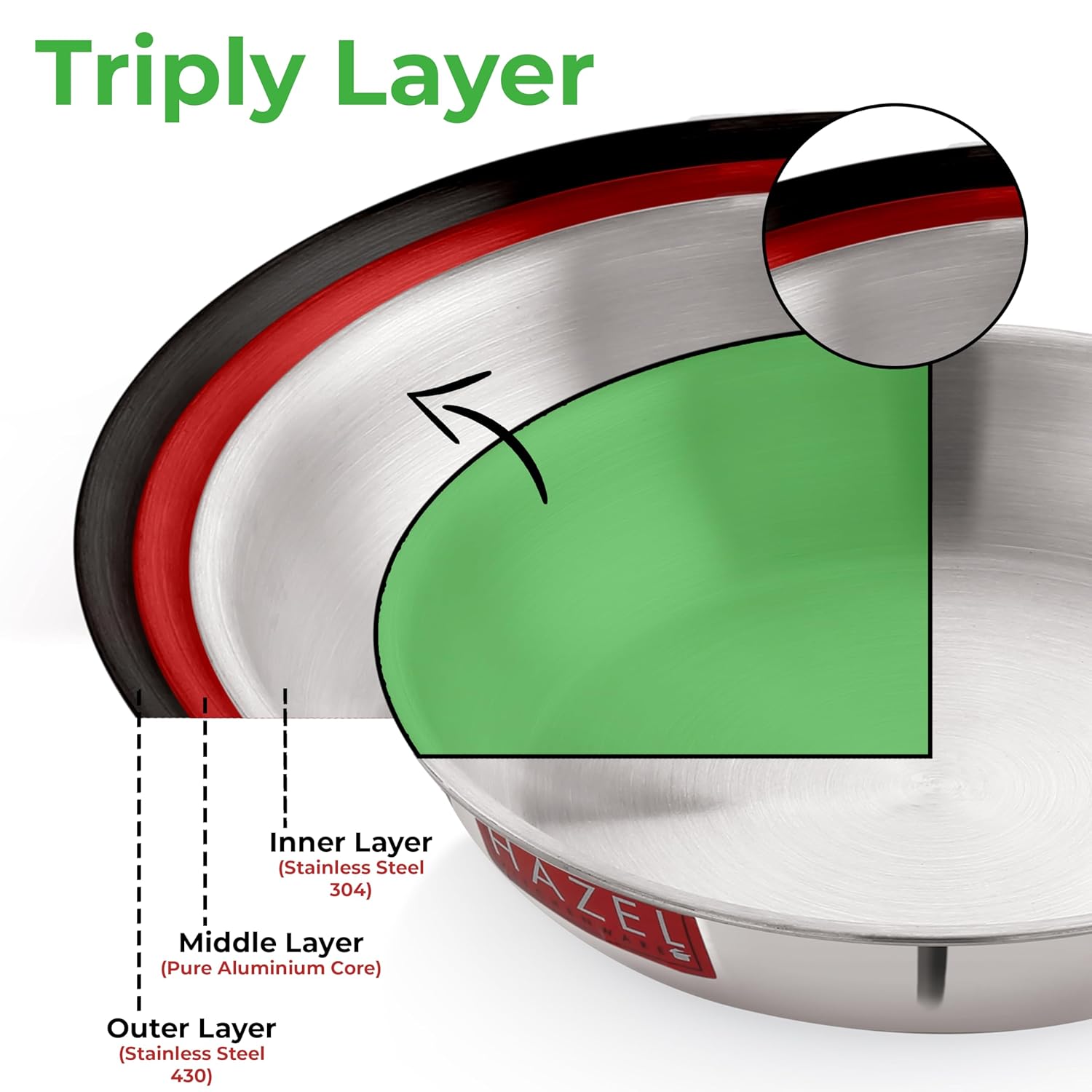 HAZEL Triply Stainless Steel Induction Bottom Kadhai With Stainless Steel Lid, 2.6 Litre, 24.5 cm