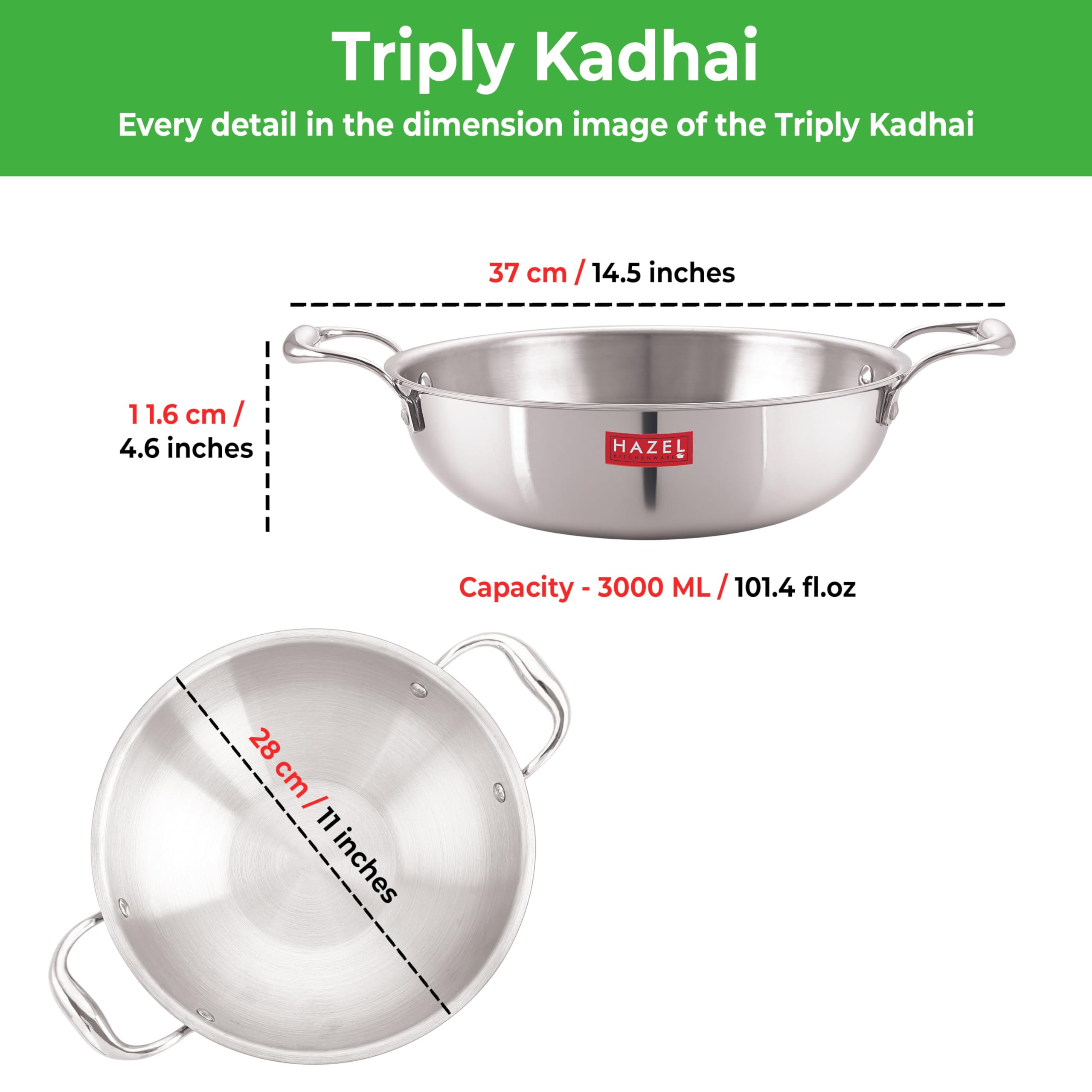 HAZEL Triply Stainless Steel Induction Bottom Kadhai With Stainless Steel Lid, 3 Litre, 26.8 cm
