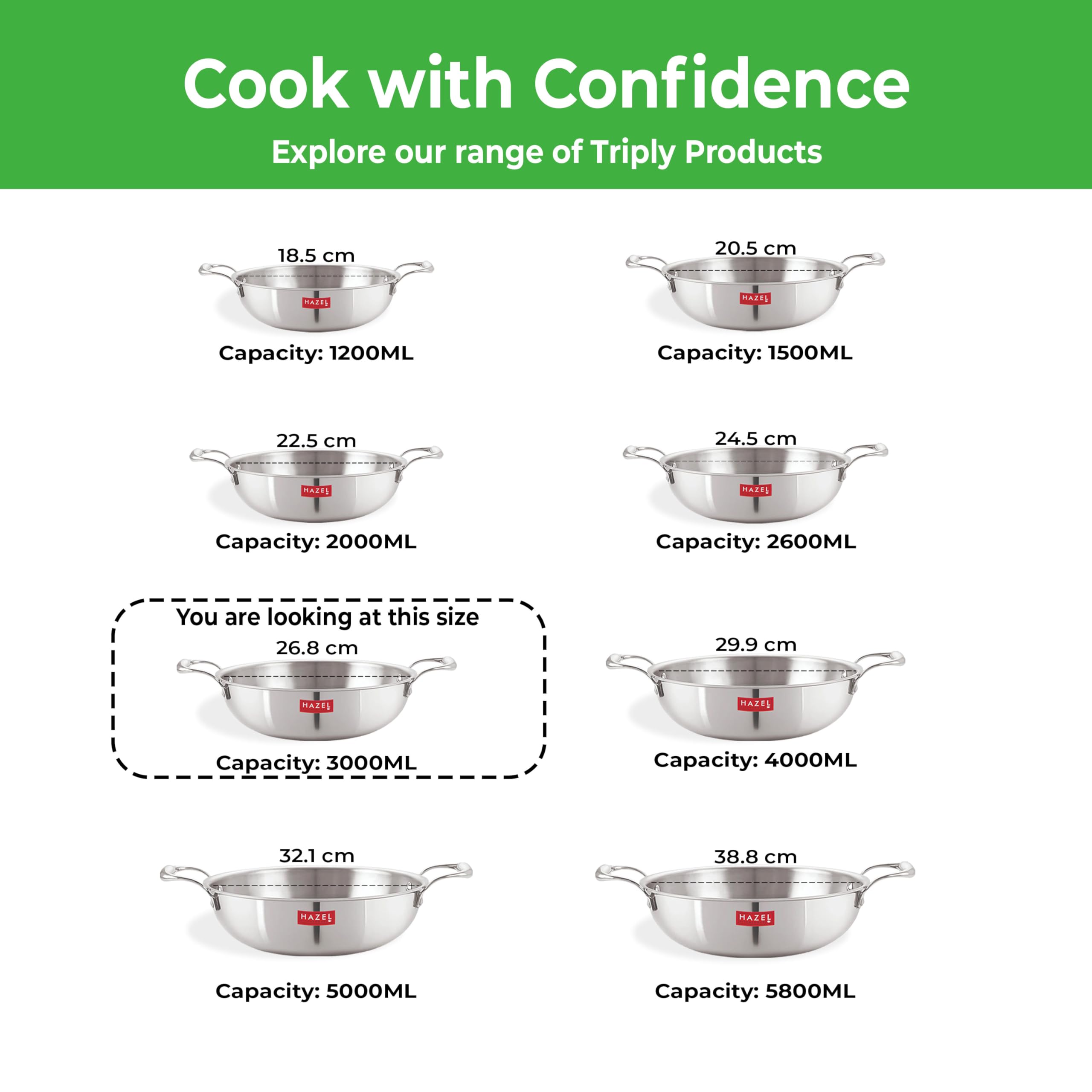 HAZEL Triply Stainless Steel Induction Bottom Kadhai With Stainless Steel Lid, 3 Litre, 26.8 cm