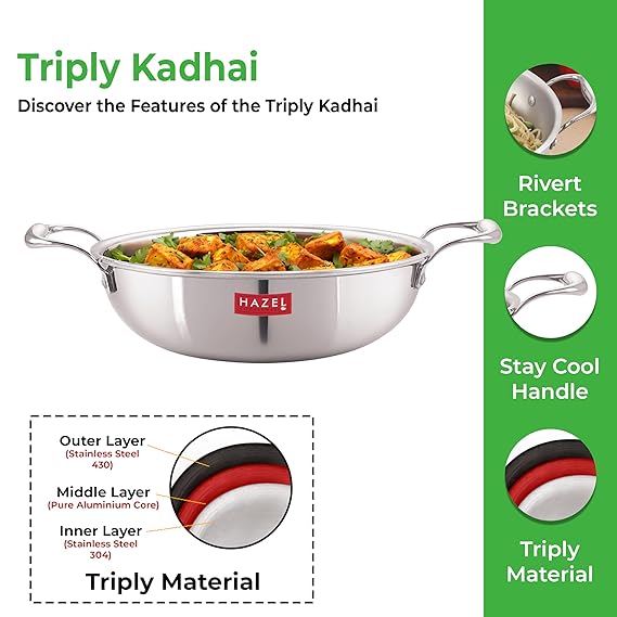 HAZEL Triply Stainless Steel Induction Bottom Kadhai With Stainless Steel Lid, 3 Litre, 26.8 cm