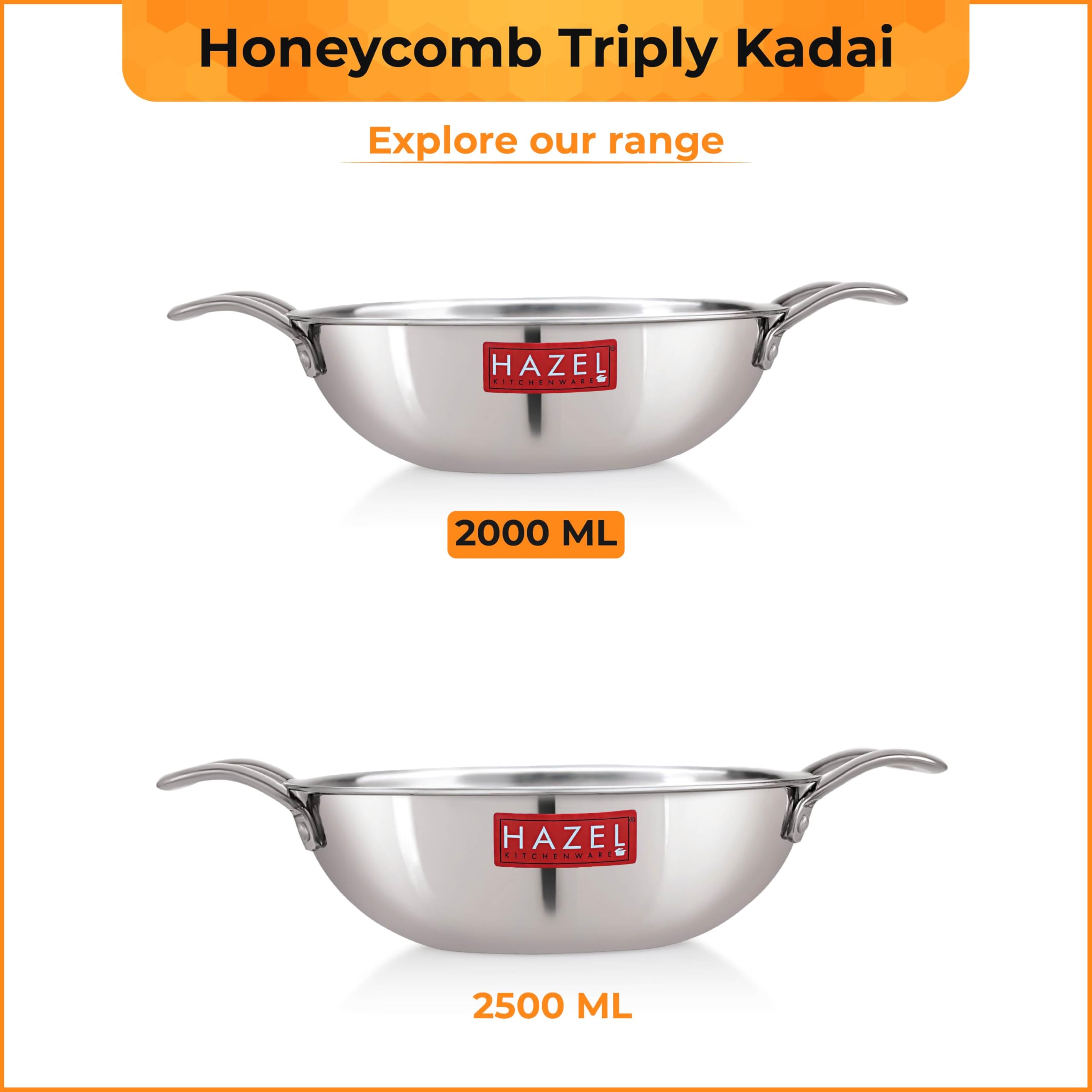 HAZEL Non-Stick Honeycomb Triply Steel Kadhai | 22cm - 2L | Induction Compatible