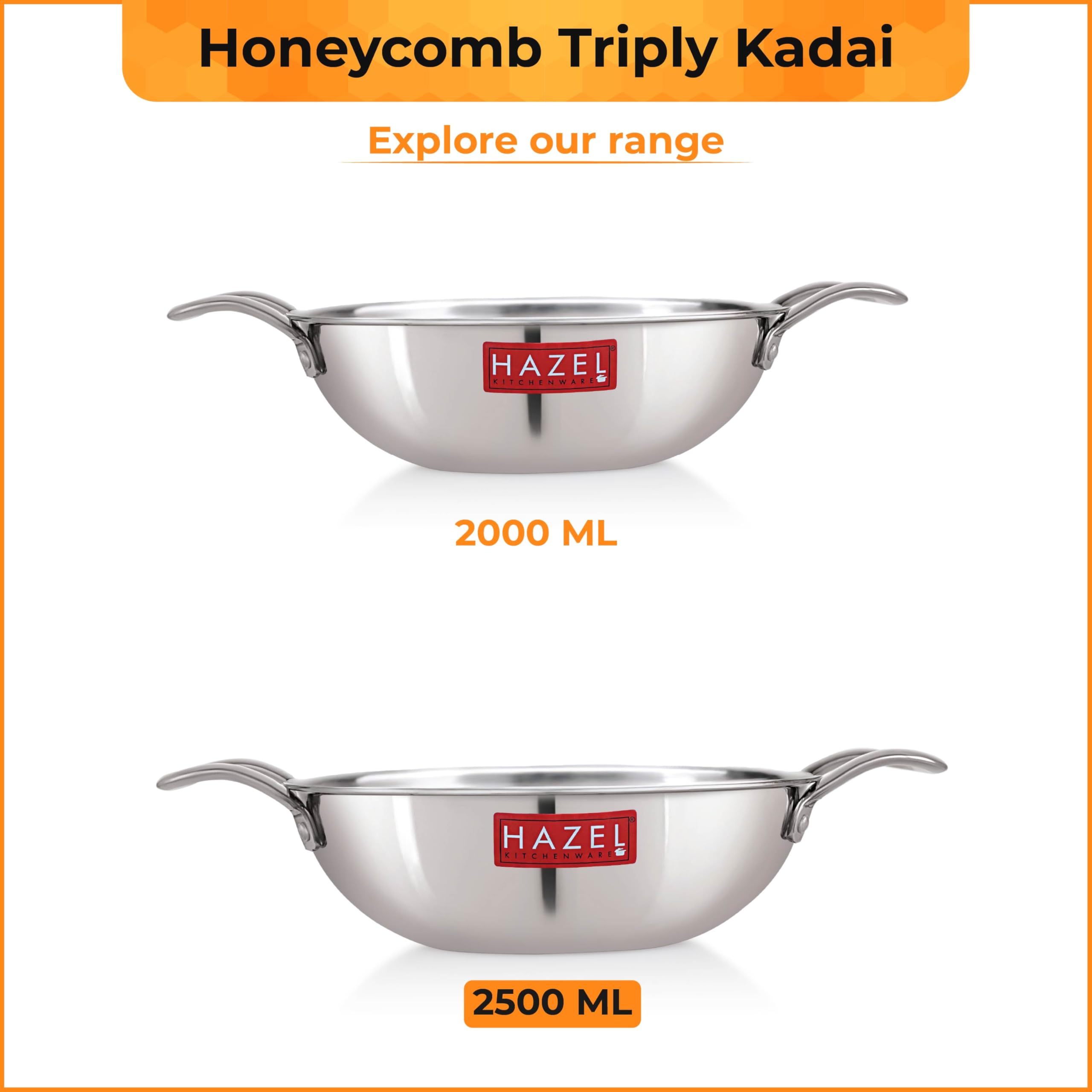 HAZEL Non-Stick Honeycomb Triply Steel Kadhai| 24cm - 2.5L | Induction Compatible