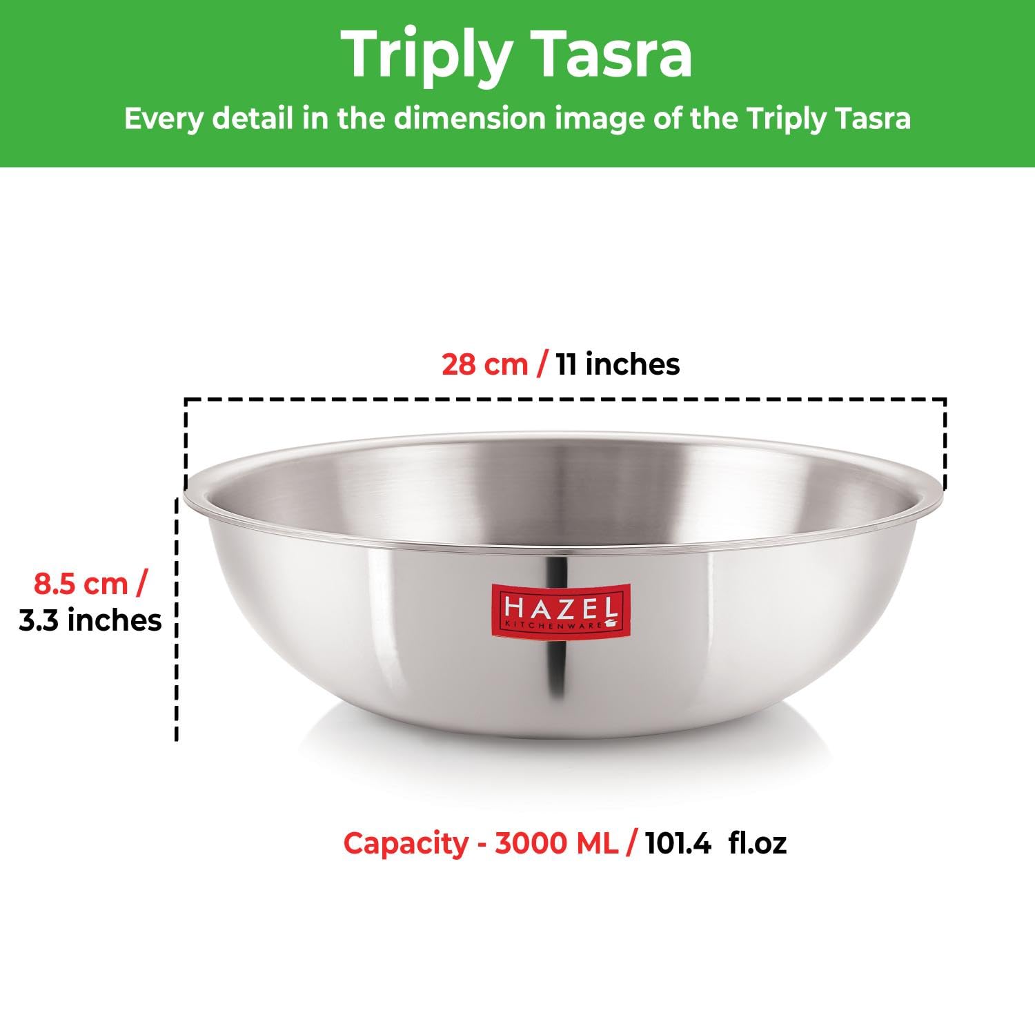 HAZEL Triply Stainless Steel Induction Bottom Tasra With Stainless Steel Lid, 3 Litre, 26.5 cm