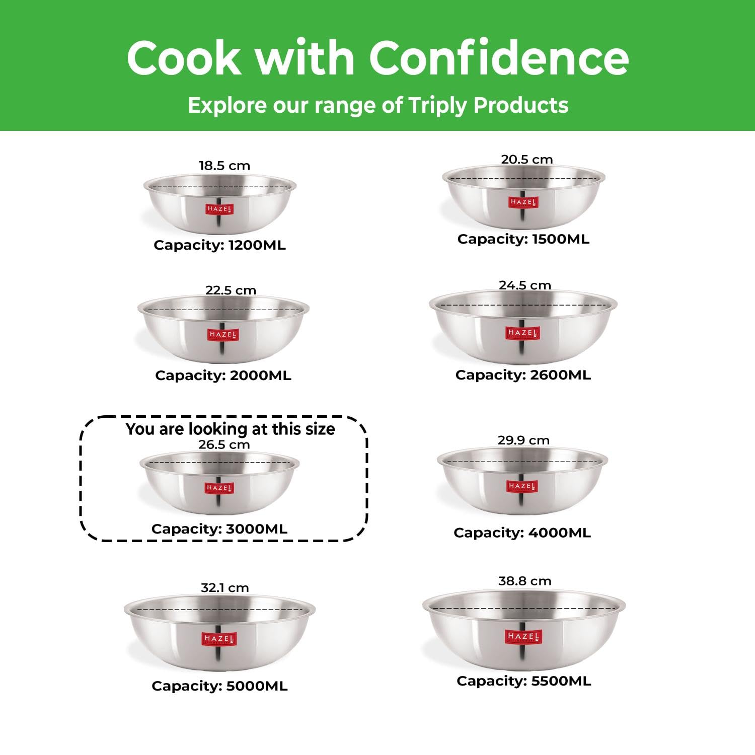 HAZEL Triply Stainless Steel Induction Bottom Tasra With Stainless Steel Lid, 3 Litre, 26.5 cm