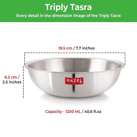 HAZEL Triply Stainless Steel Induction Bottom Tasra With Stainless Steel Lid, 1.2 Litre, 18.5 cm