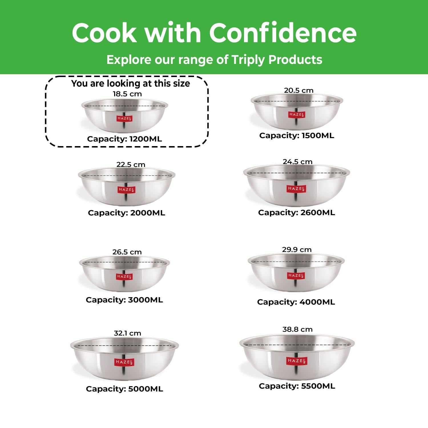 HAZEL Triply Stainless Steel Induction Bottom Tasra With Stainless Steel Lid, 1.2 Litre, 18.5 cm