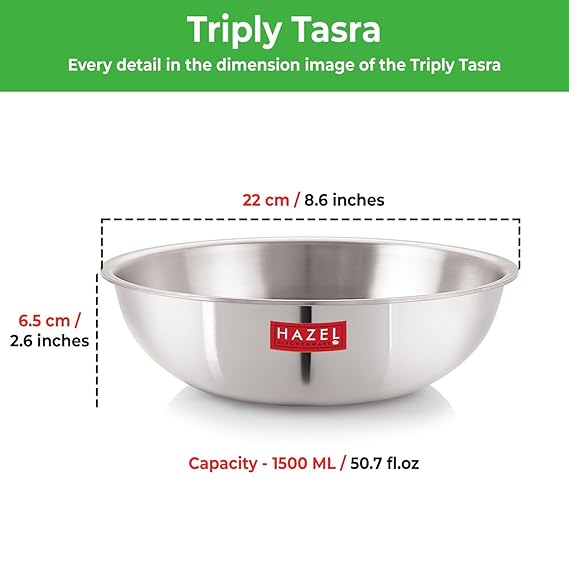 HAZEL Triply Stainless Steel Induction Bottom Tasra With Stainless Steel Lid, 1.5 Litre, 20.5 cm