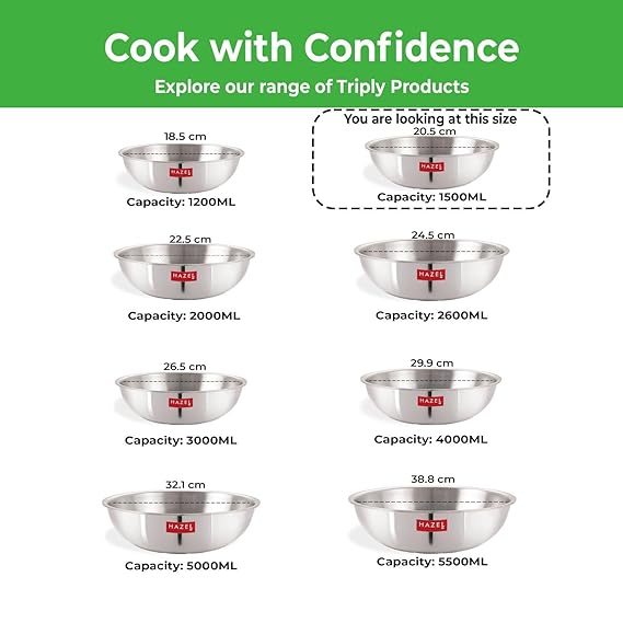 HAZEL Triply Stainless Steel Induction Bottom Tasra With Stainless Steel Lid, 1.5 Litre, 20.5 cm