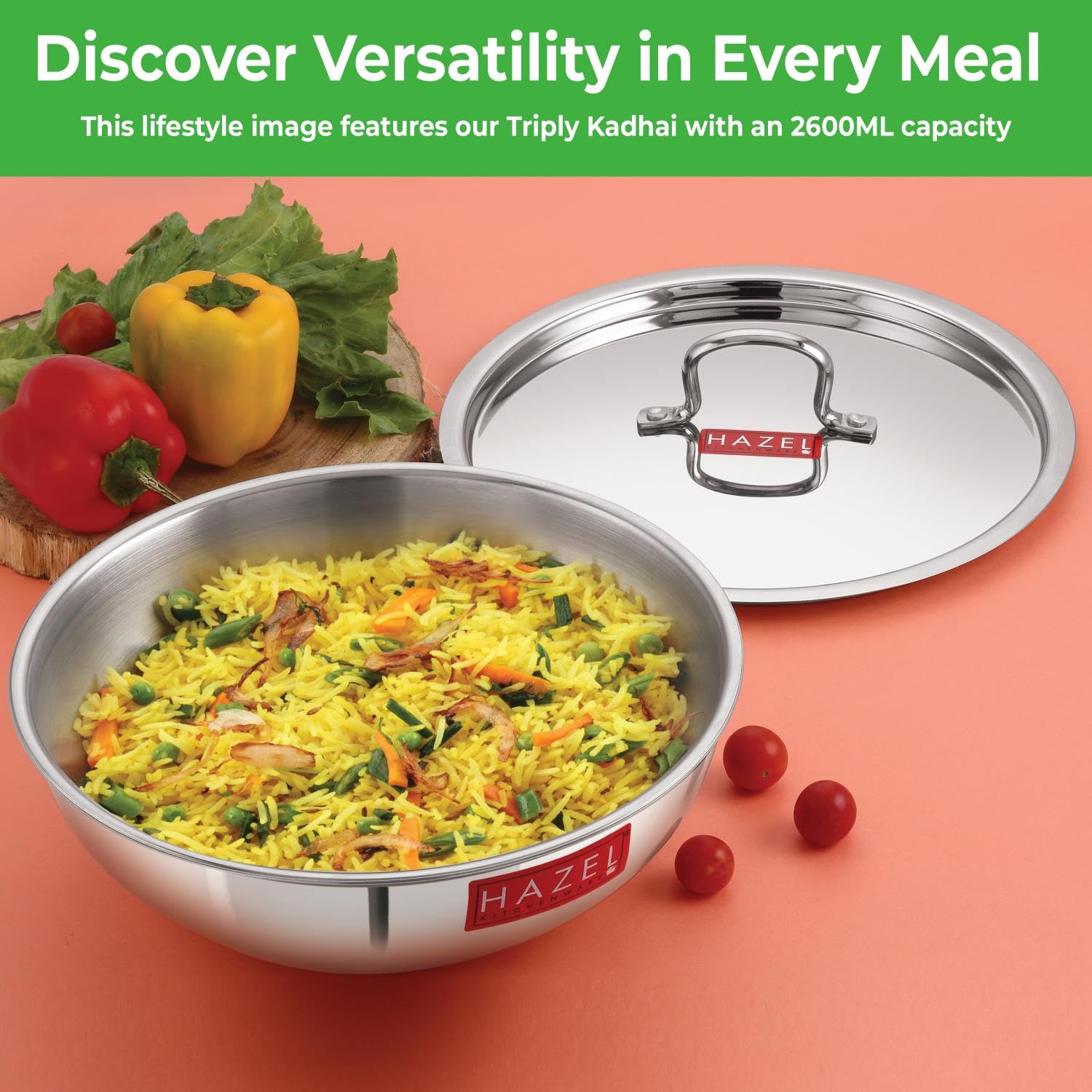 HAZEL Triply Stainless Steel Induction Bottom Tasra With Stainless Steel Lid, 1.5 Litre, 20.5 cm