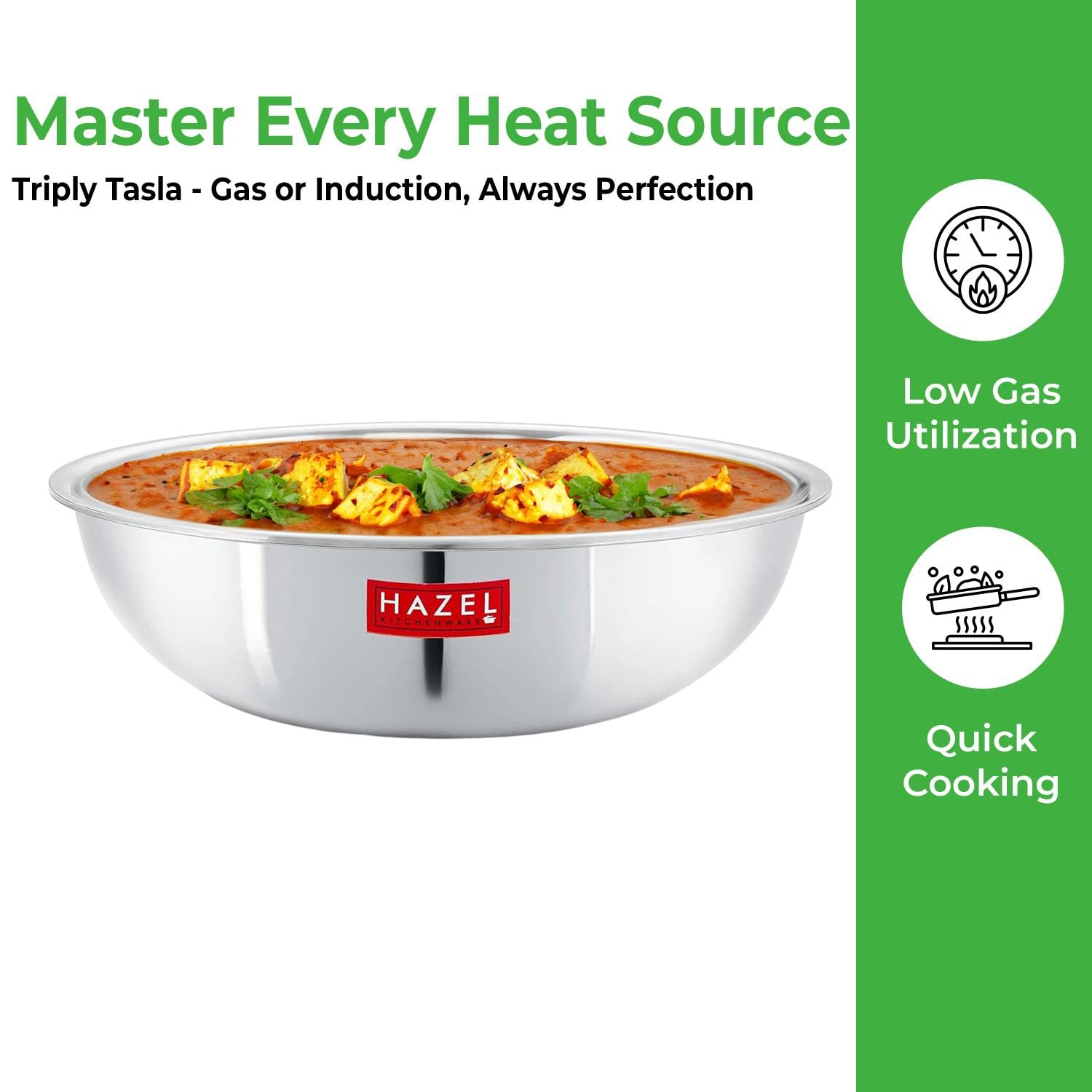 HAZEL Triply Stainless Steel Induction Bottom Tasra With Stainless Steel Lid, 1.5 Litre, 20.5 cm