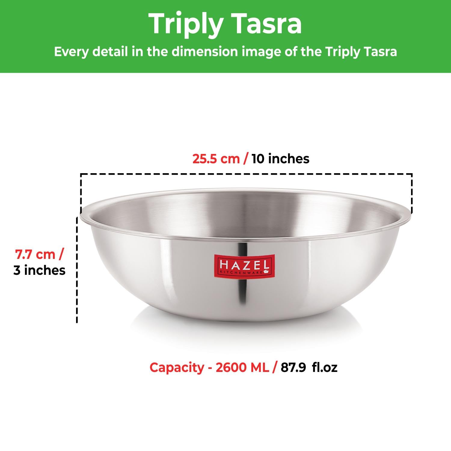 HAZEL Triply Stainless Steel Induction Bottom Tasra With Stainless Steel Lid, 2.6 Litre, 24.5 cm