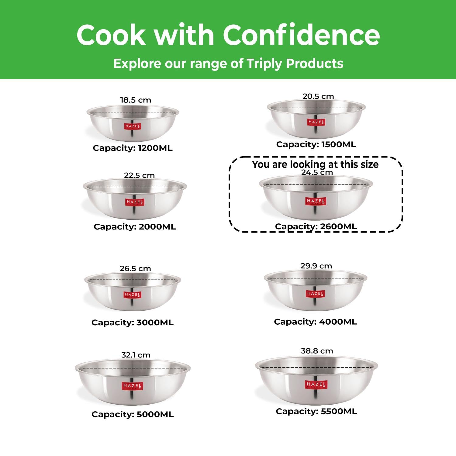 HAZEL Triply Stainless Steel Induction Bottom Tasra With Stainless Steel Lid, 2.6 Litre, 24.5 cm