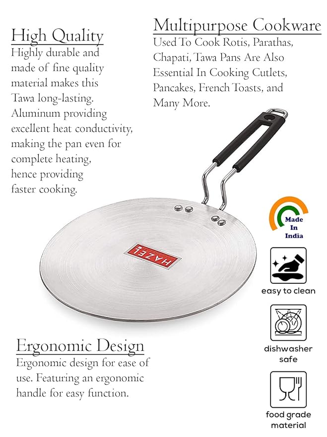 HAZEL Aluminium Tawa for Roti | Hard-Wearing Aluminium Cookware, 22.5 cm | Chapati Tawa for Kitchen with Riveted Handle | Silver Aluminium Tawa with an Ergonomic Design
