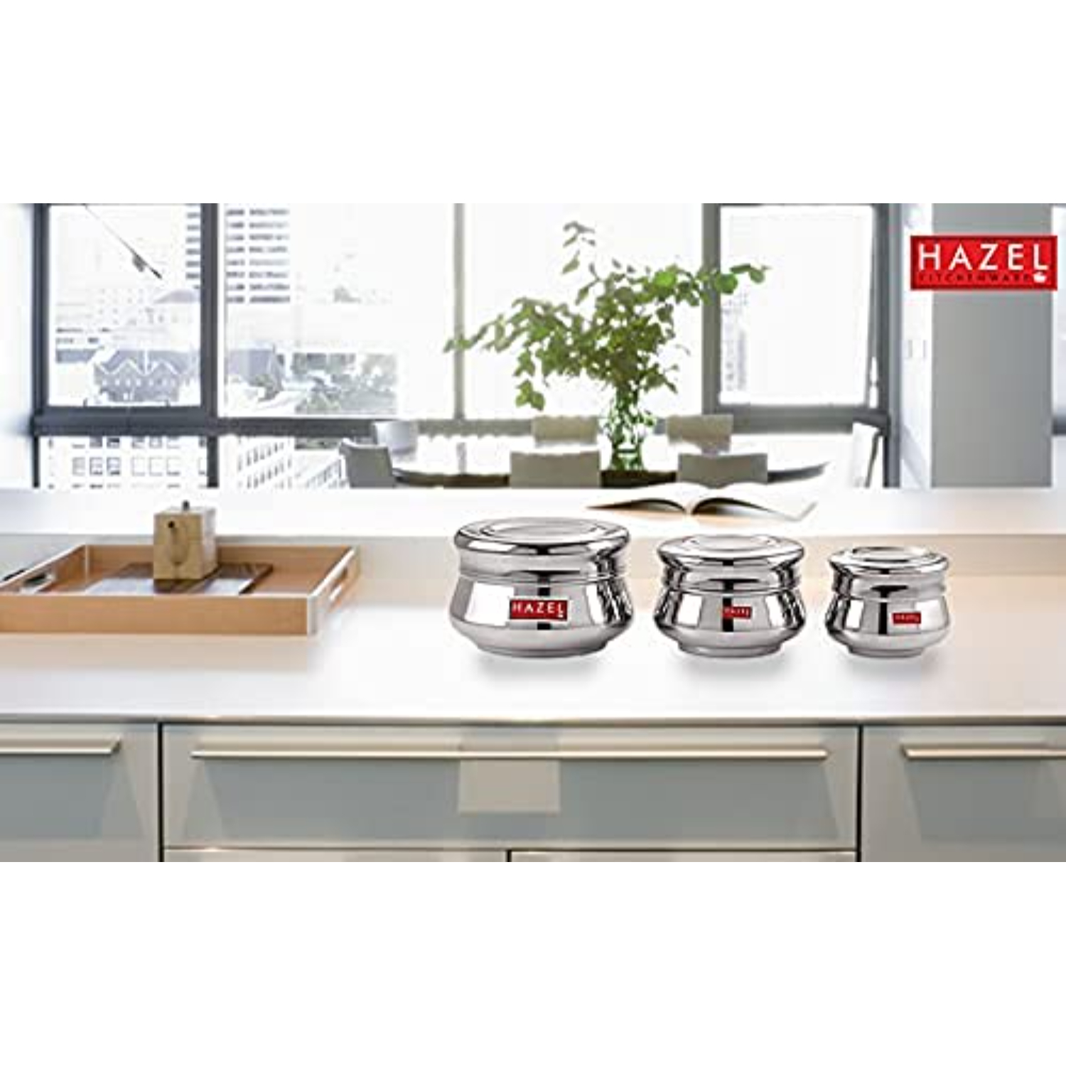 HAZEL Stainless Steel Unique Design Mataka Shape Container Set of 3 Pc, 950 to 2550 ml, Silver