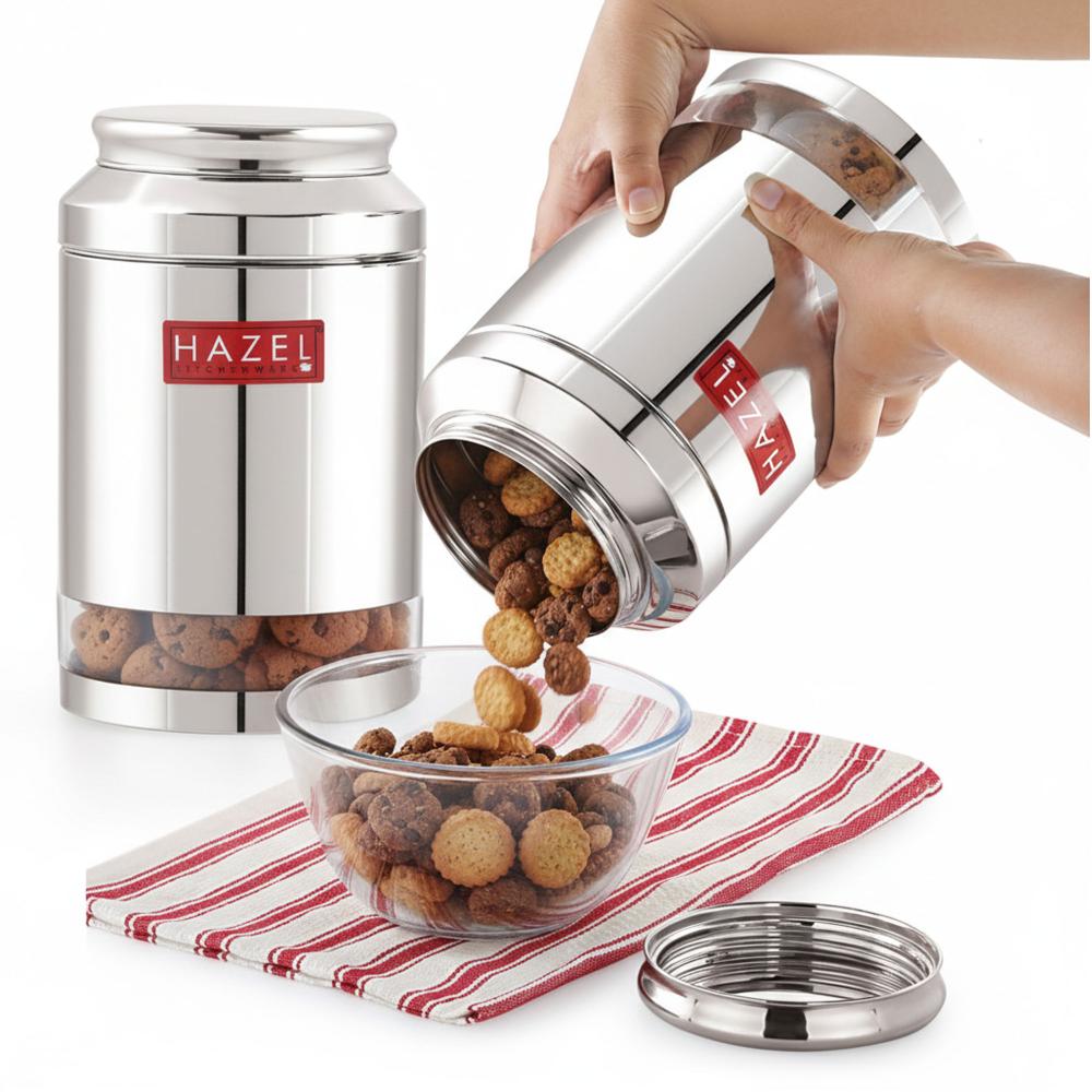 HAZEL Stainless Steel Transparent Storage Jar, 2500 ML - Set of 2 | Airtight Kitchen Containers for Pulses, Grains, Sugar & Snacks