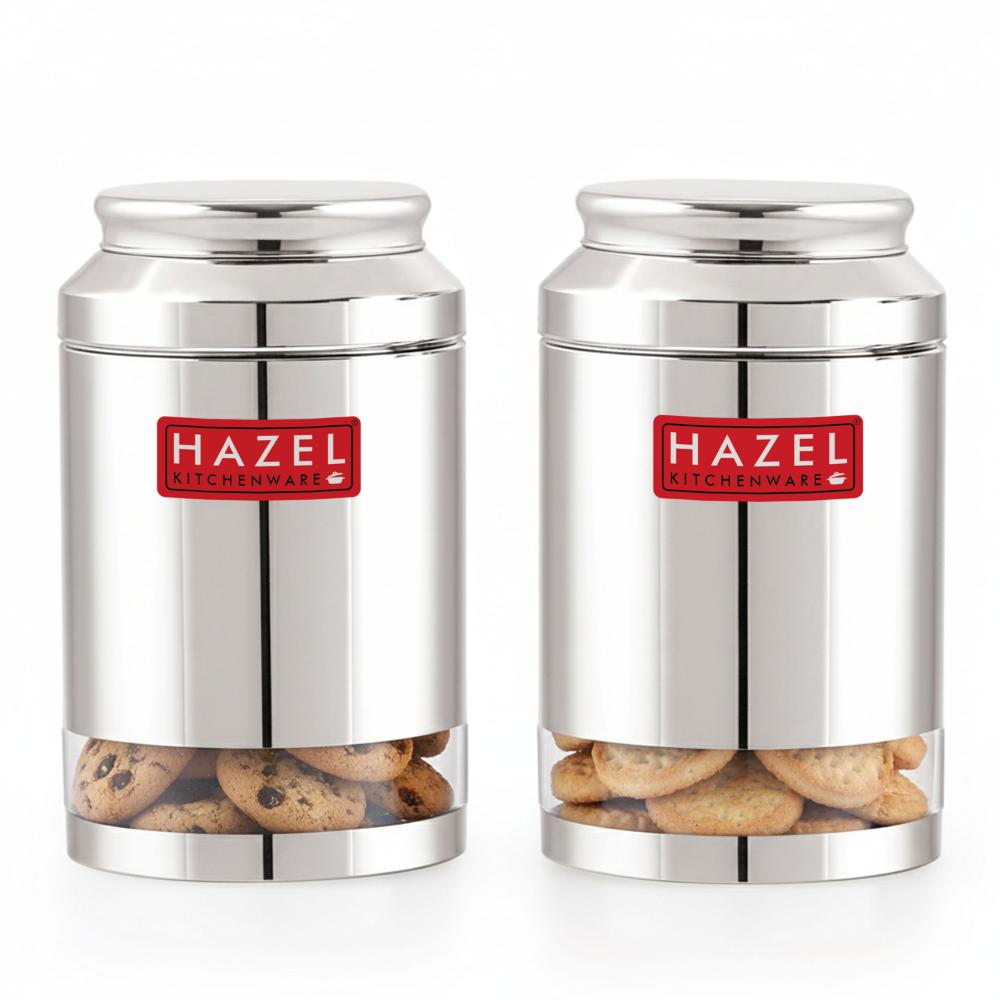 HAZEL Stainless Steel Transparent Storage Jar, 2500 ML - Set of 2 | Airtight Kitchen Containers for Pulses, Grains, Sugar & Snacks