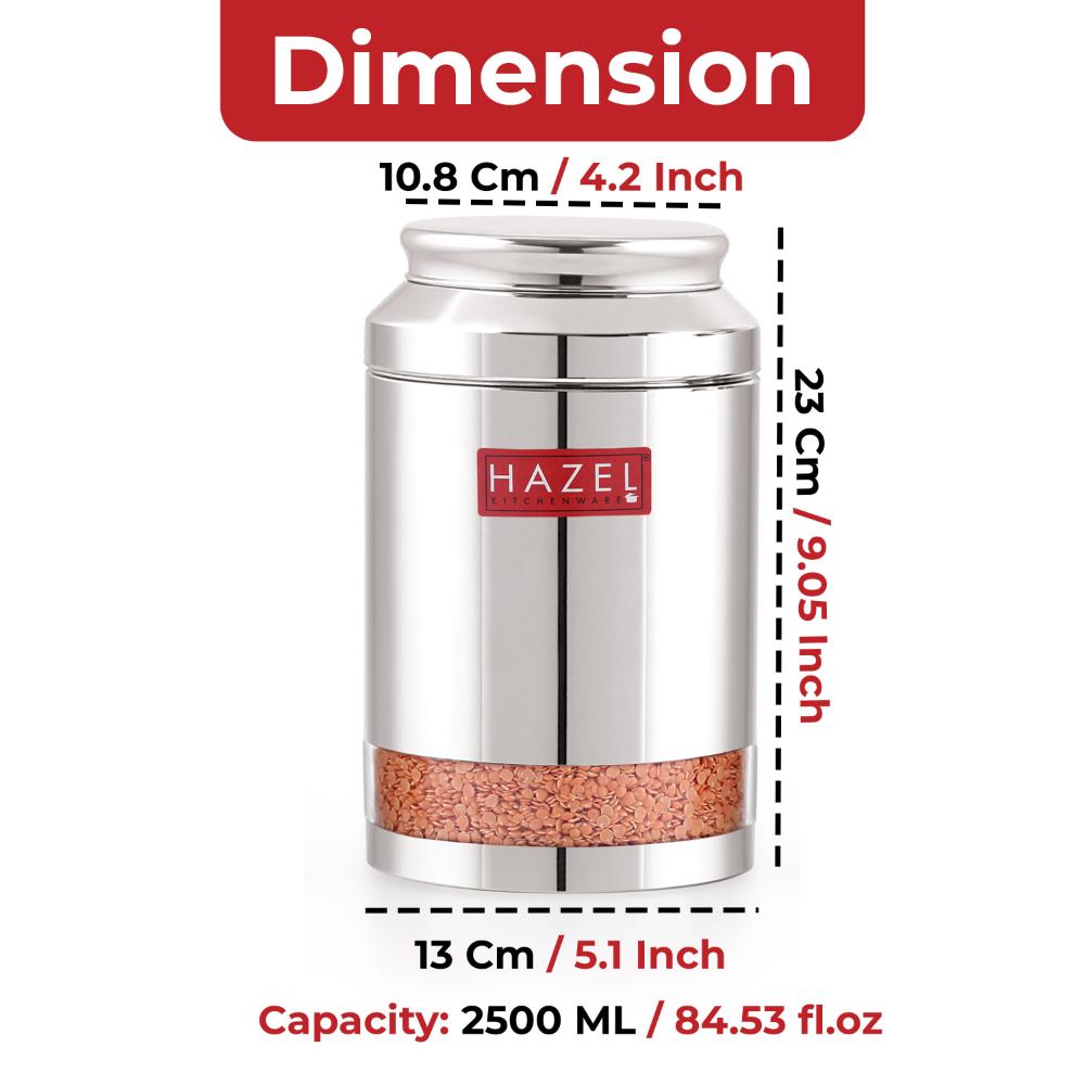 HAZEL Stainless Steel Transparent Storage Jar, 2500 ML - Set of 2 | Airtight Kitchen Containers for Pulses, Grains, Sugar & Snacks