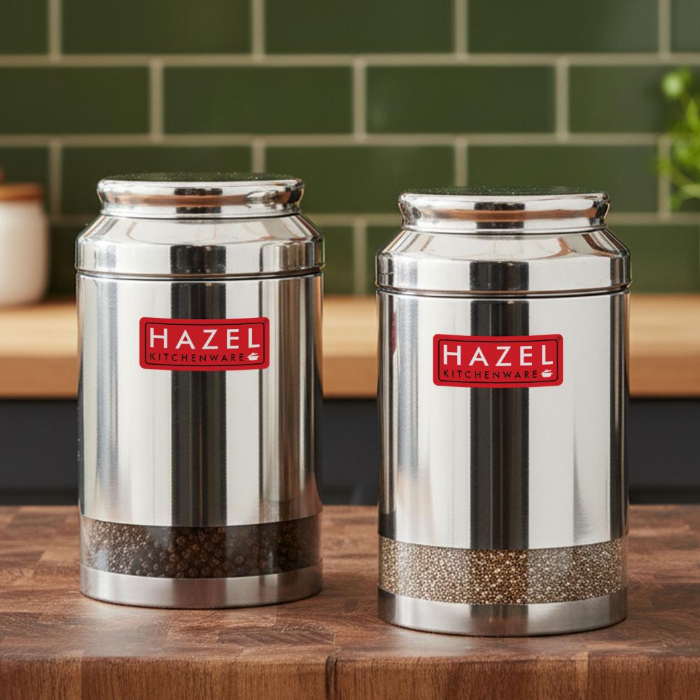 HAZEL Stainless Steel Transparent Storage Jar, 2500 ML - Set of 2 | Airtight Kitchen Containers for Pulses, Grains, Sugar & Snacks