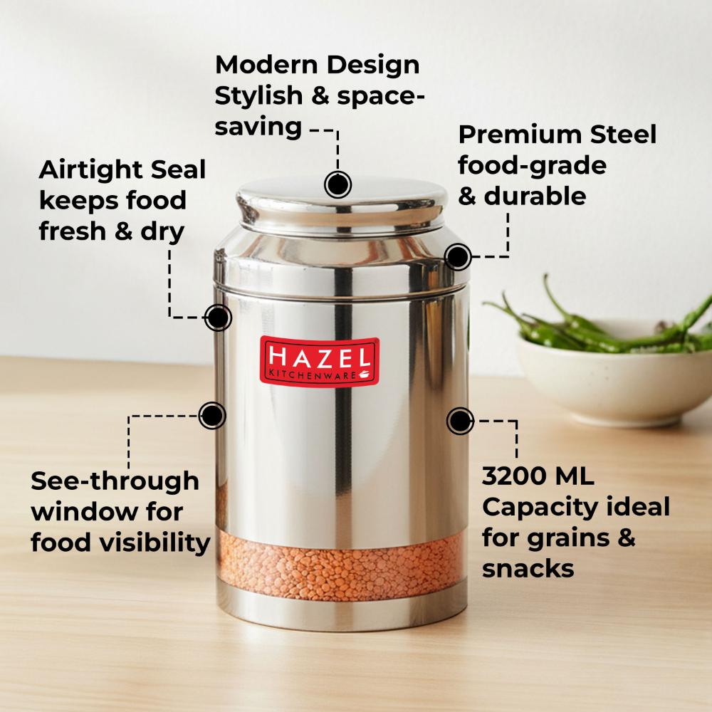 HAZEL Steel Transparent Airtight Jar 3250 ML | Storage Container for Grains, Pulses & Snacks