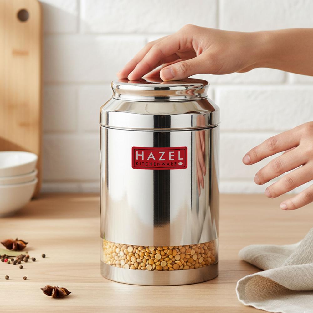 HAZEL Steel Transparent Airtight Jar 3250 ML | Storage Container for Grains, Pulses & Snacks