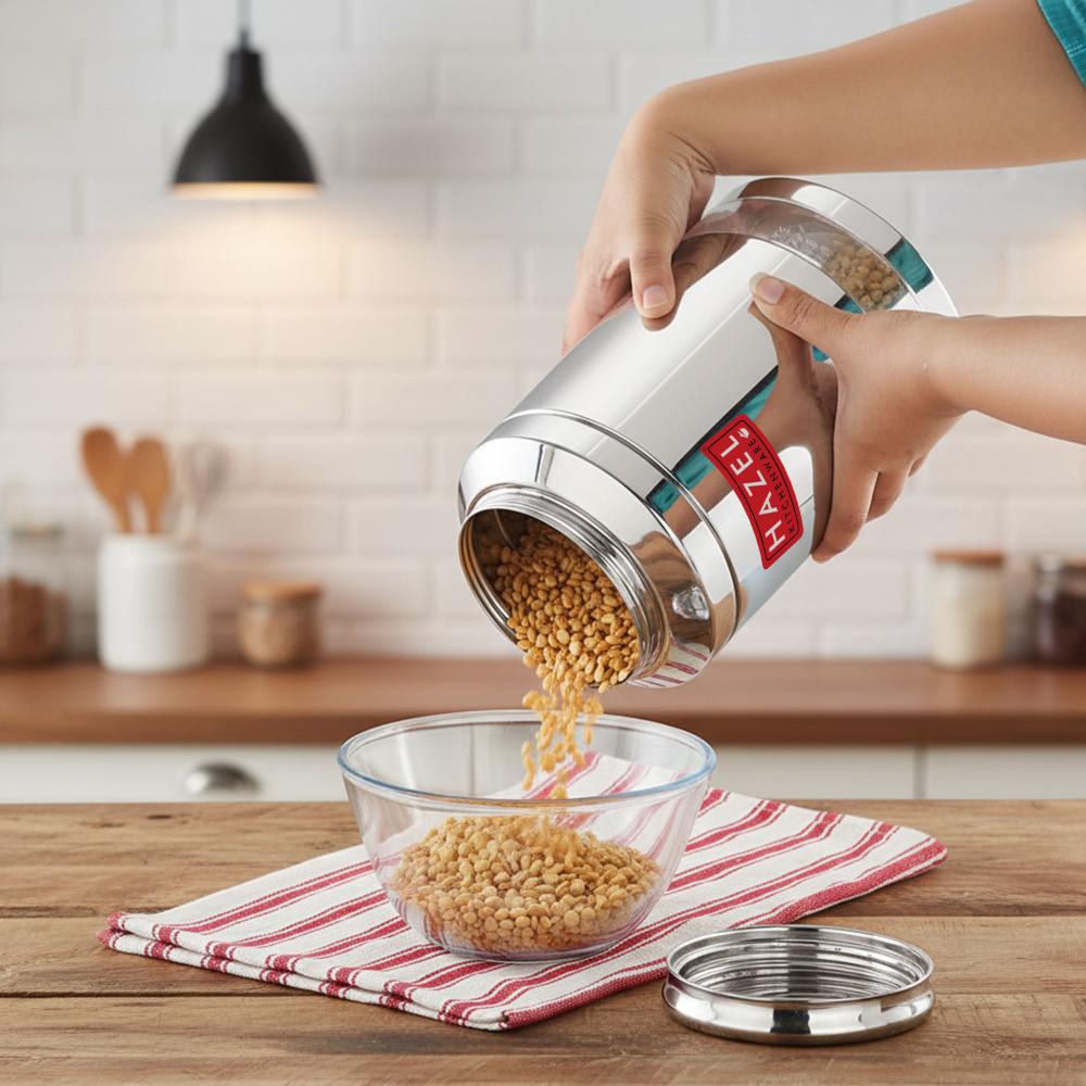 HAZEL Steel Transparent Airtight Jar 3250 ML | Storage Container for Grains, Pulses & Snacks
