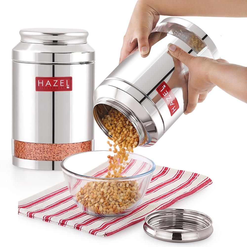 HAZEL Steel Transparent Airtight Jar 3250 ML - Set of 2 | Storage Container for Grains, Pulses & Snacks
