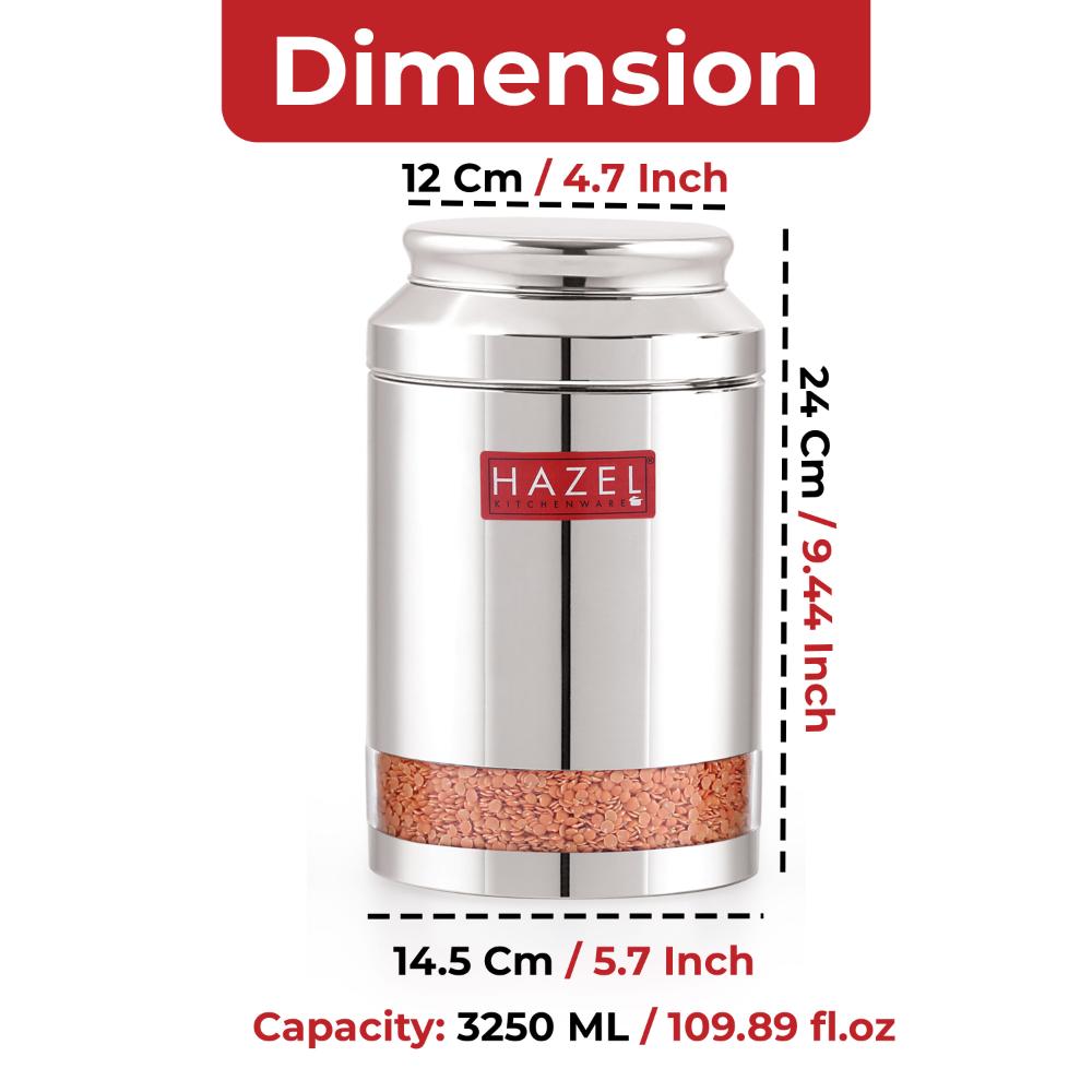 HAZEL Steel Transparent Airtight Jar 3250 ML - Set of 2 | Storage Container for Grains, Pulses & Snacks