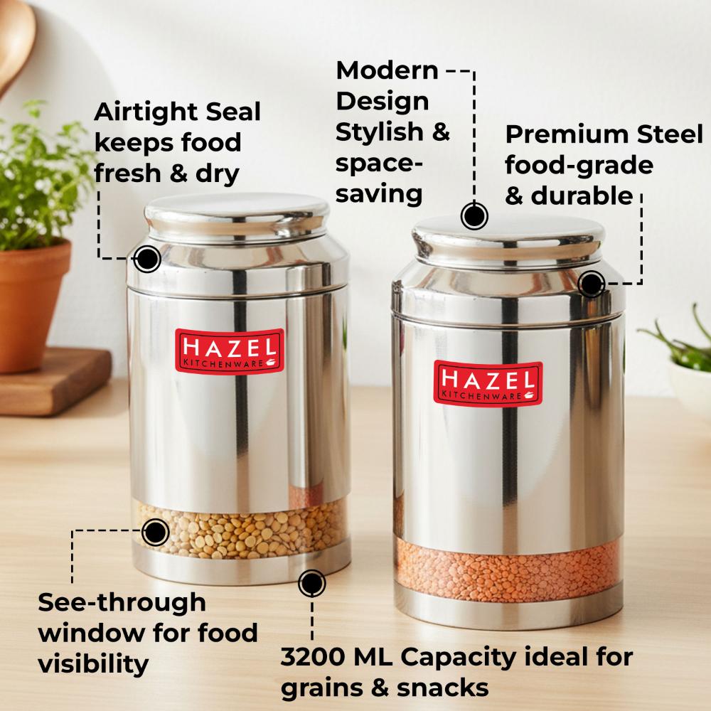 HAZEL Steel Transparent Airtight Jar 3250 ML - Set of 2 | Storage Container for Grains, Pulses & Snacks