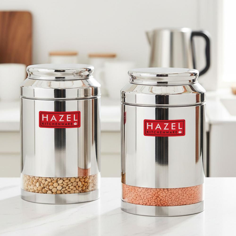 HAZEL Steel Transparent Airtight Jar 3250 ML - Set of 2 | Storage Container for Grains, Pulses & Snacks