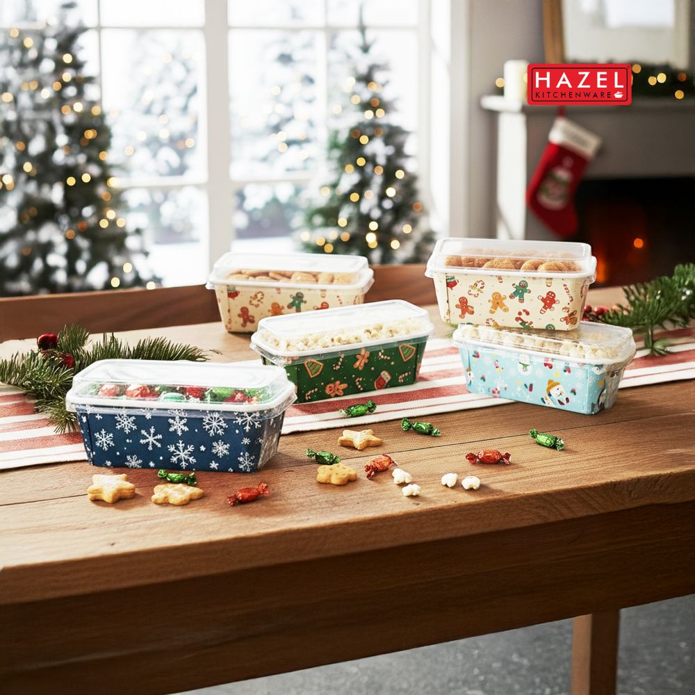 HAZEL Plum Cake Loaf Mould with Lid (Pack of 5) | Christmas Printed Disposable Baking Mold for Bread, Brownie & Cake | Oven Safe & Greaseproof