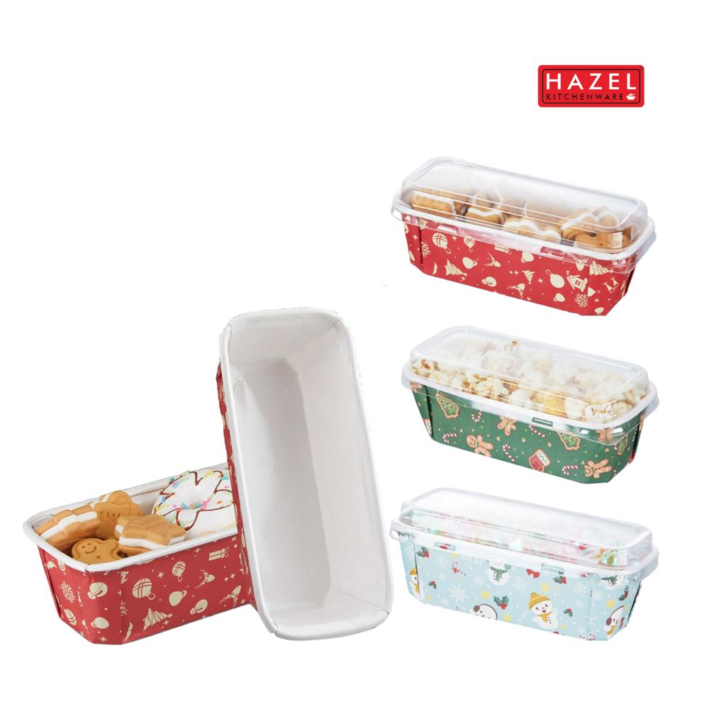 HAZEL Plum Cake Loaf Mould with Lid (Pack of 5) | Christmas Printed Disposable Baking Mold for Bread, Brownie & Cake | Oven Safe & Greaseproof