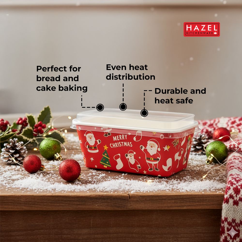 HAZEL Plum Cake Loaf Mould with Lid (Pack of 5) | Christmas Printed Disposable Baking Mold for Bread, Brownie & Cake | Oven Safe & Greaseproof
