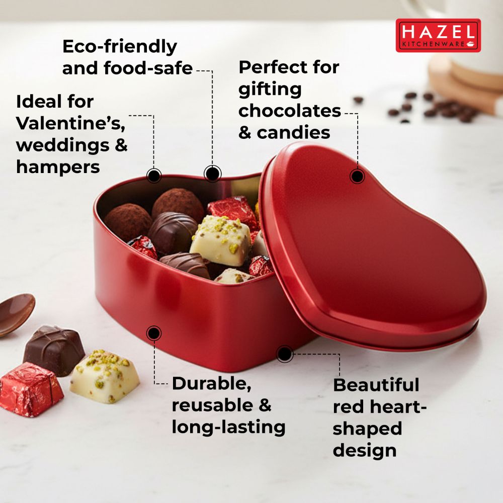 HAZEL Tin Valentine Heart Containers | Red Heart-Shaped Gift Box for Chocolates, Candies & Return Gifts
