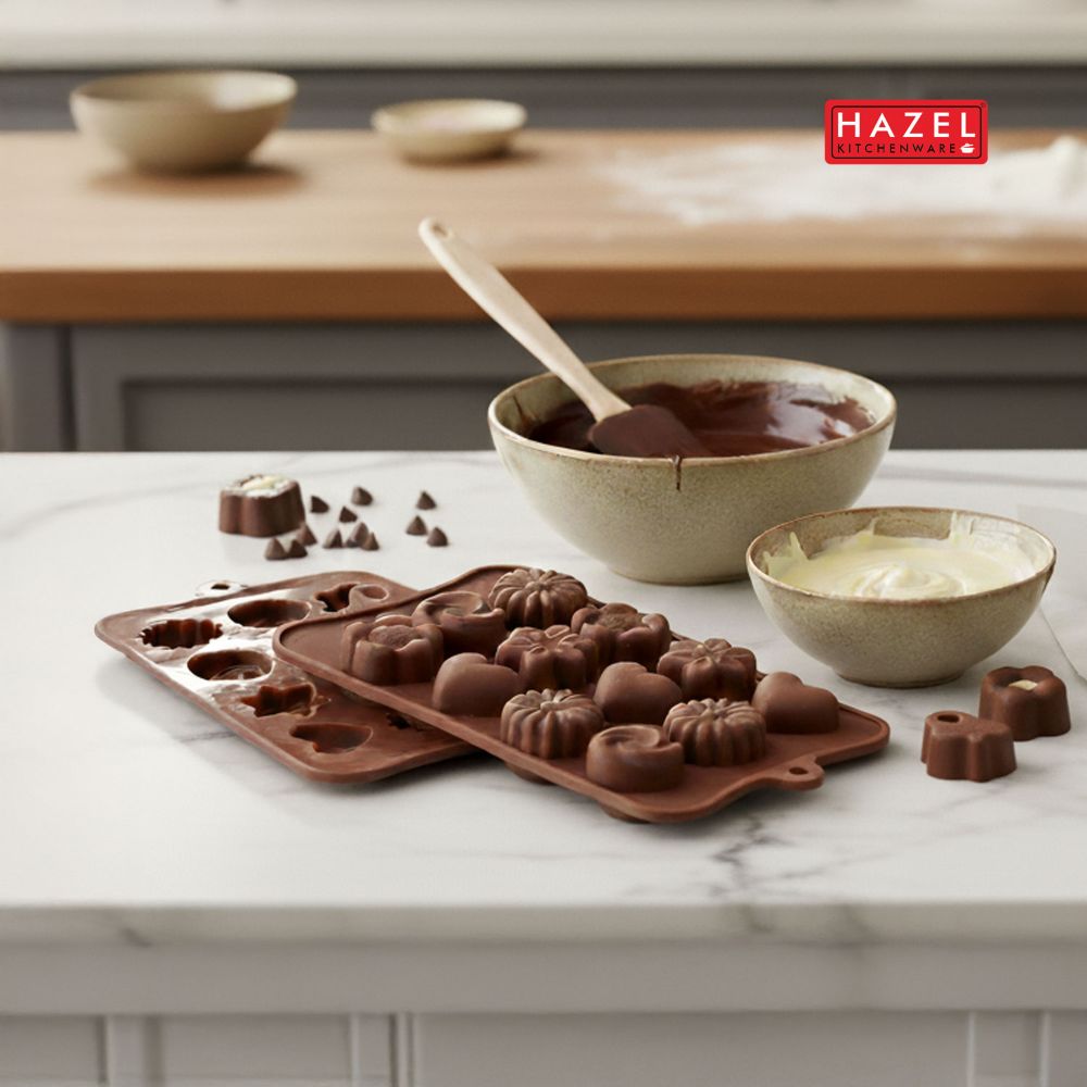 HAZEL Silicone Assorted Flower Chocolate Mould | 15-Cavity Non-Stick Mold for Homemade Chocolate, Candy, Jelly & Ice Cubes | Flexible & Reusable (Brown)