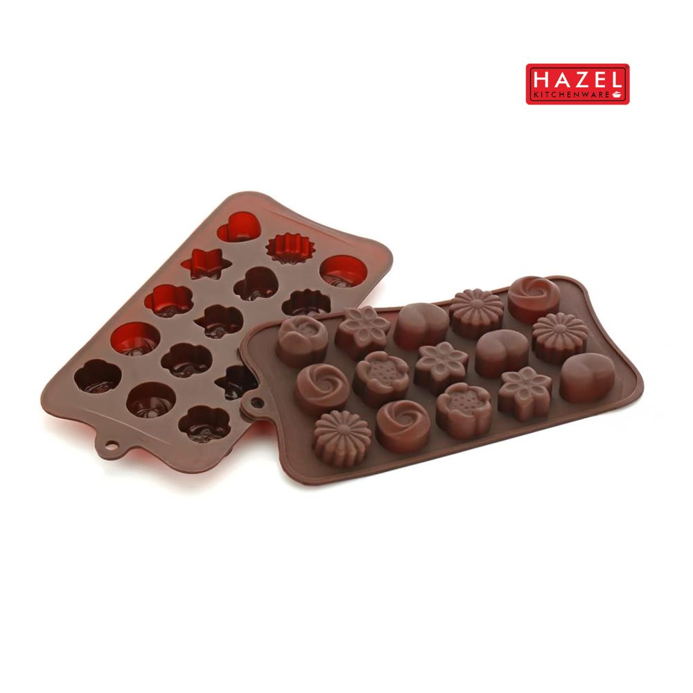 HAZEL Silicone Assorted Flower Chocolate Mould | 15-Cavity Non-Stick Mold for Homemade Chocolate, Candy, Jelly & Ice Cubes | Flexible & Reusable (Brown)
