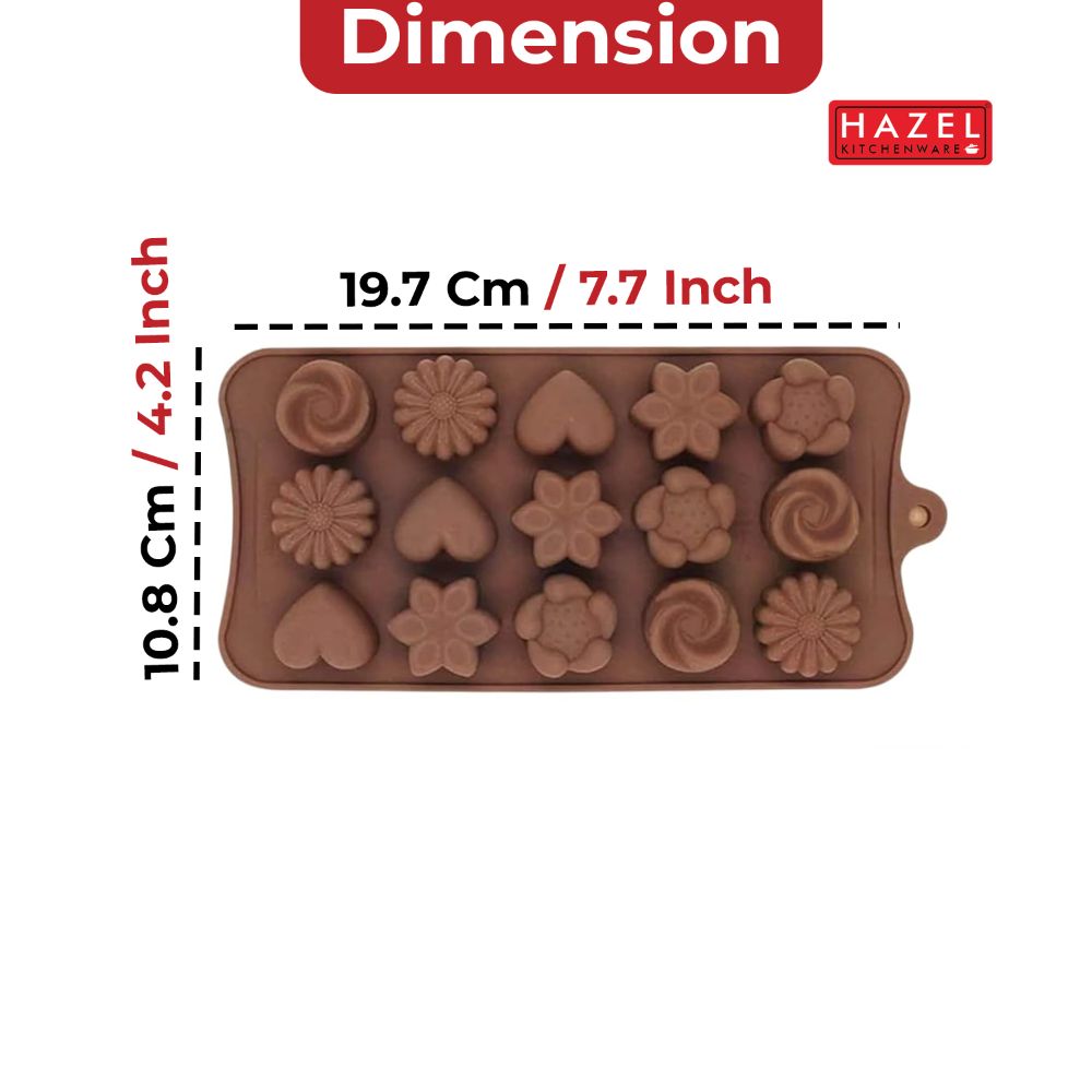 HAZEL Silicone Assorted Flower Chocolate Mould | 15-Cavity Non-Stick Mold for Homemade Chocolate, Candy, Jelly & Ice Cubes | Flexible & Reusable (Brown)